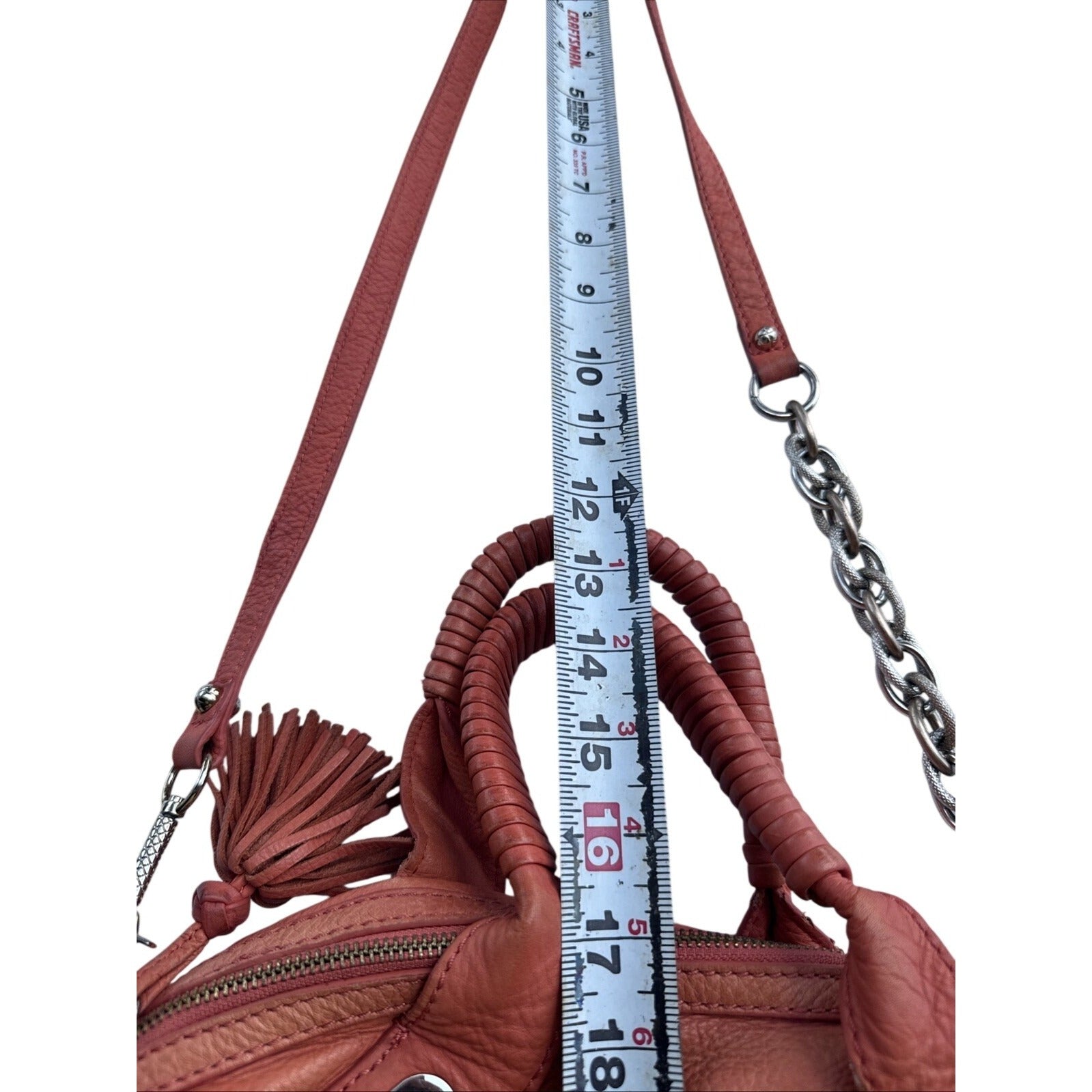 Elliott Lucca Studded Coral Leather Satchel With Chain Strap