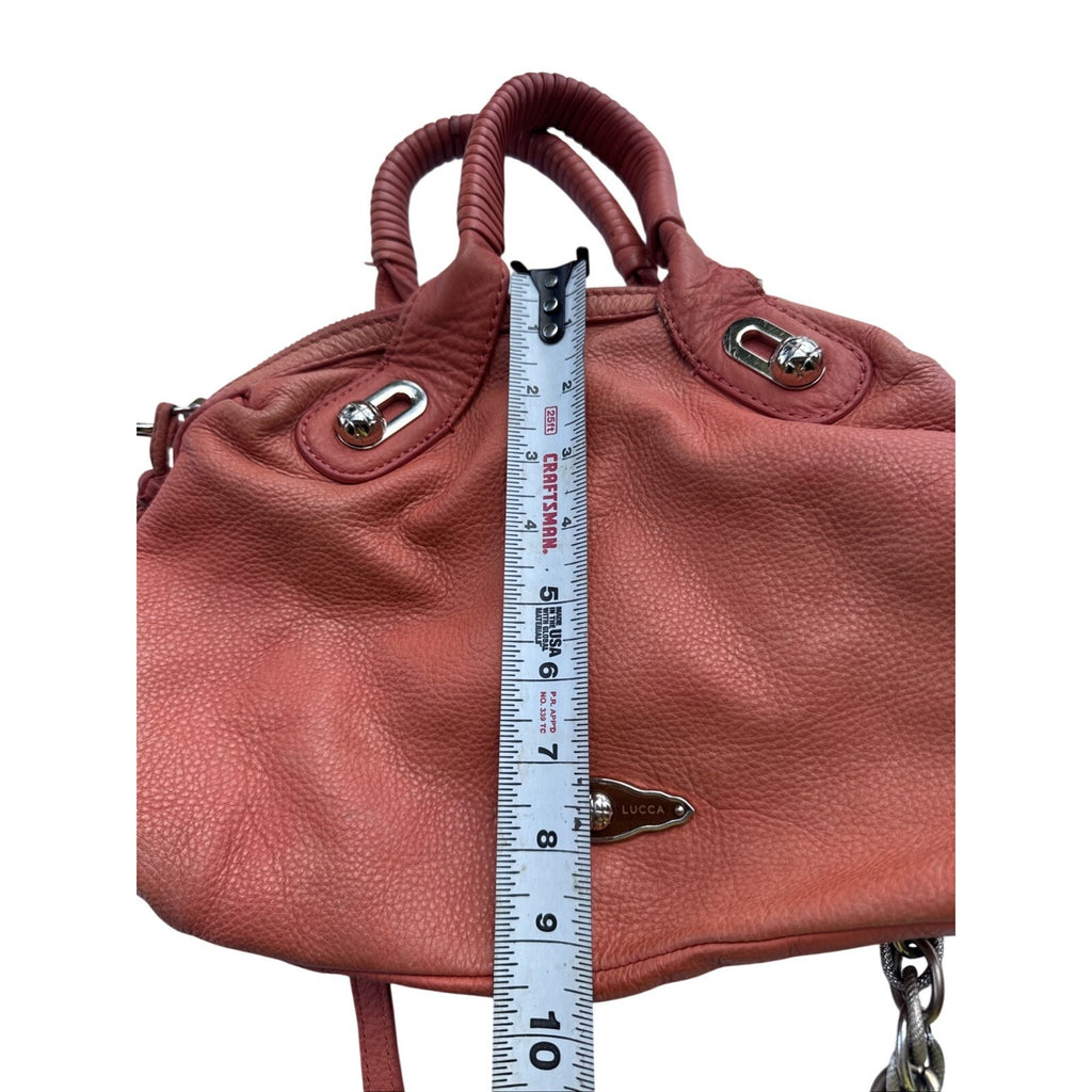 Elliott Lucca Studded Coral Leather Satchel With Chain Strap