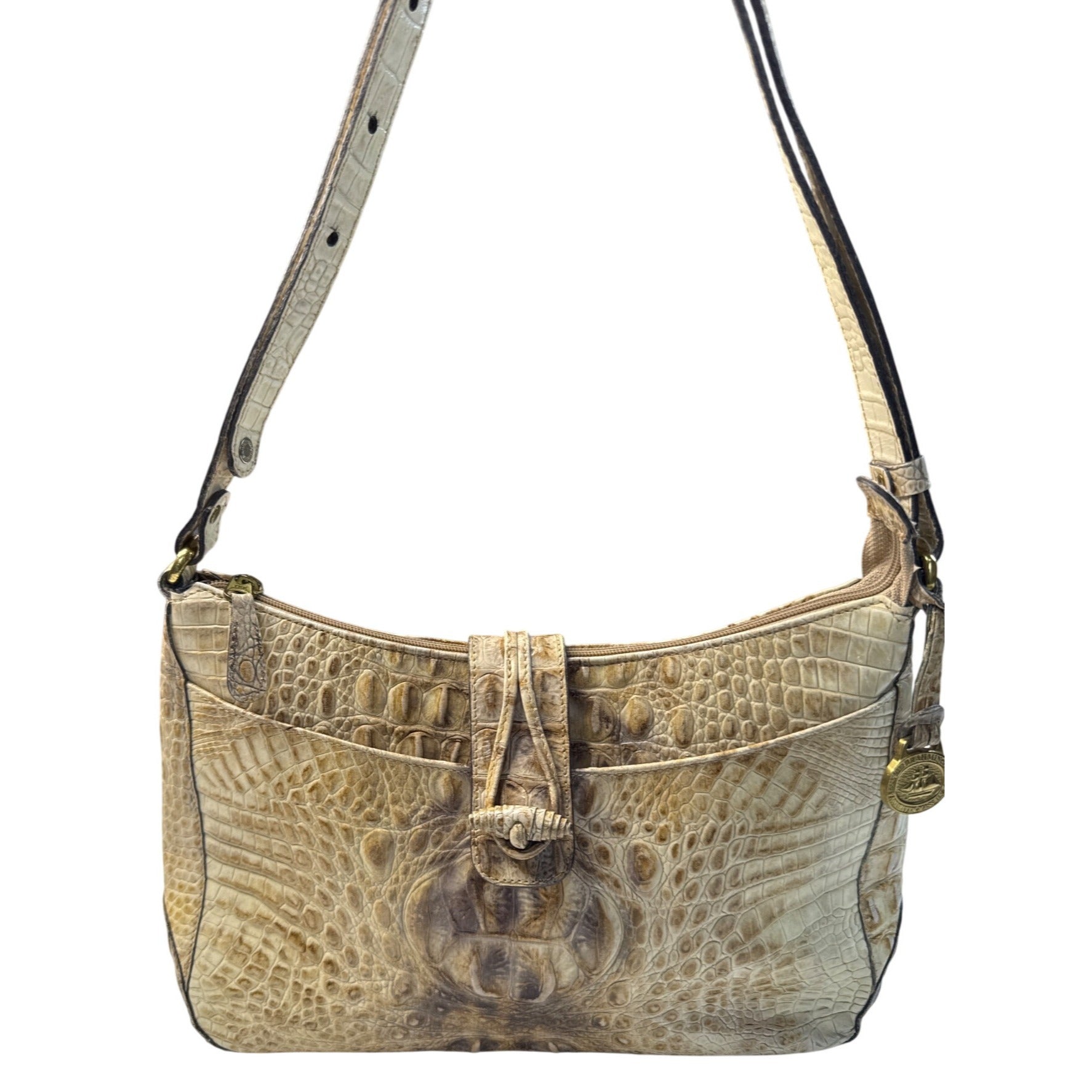 Brahmin Vintage Beige Croc-Embossed Leather Shoulder Bag W/Adjust Strap
