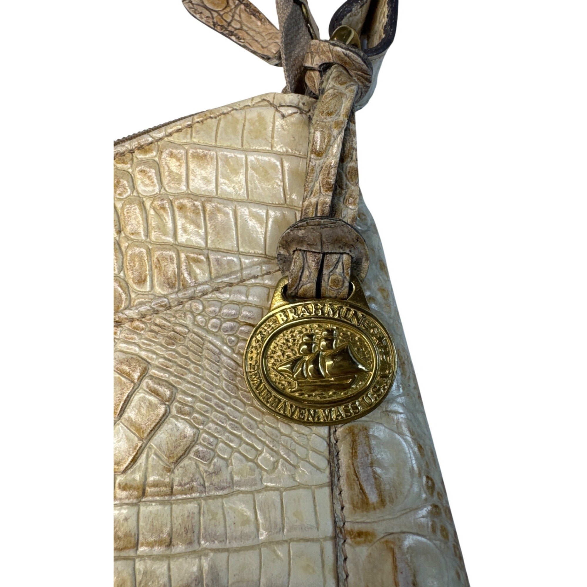 Brahmin Vintage Beige Croc-Embossed Leather Shoulder Bag W/Adjust Strap
