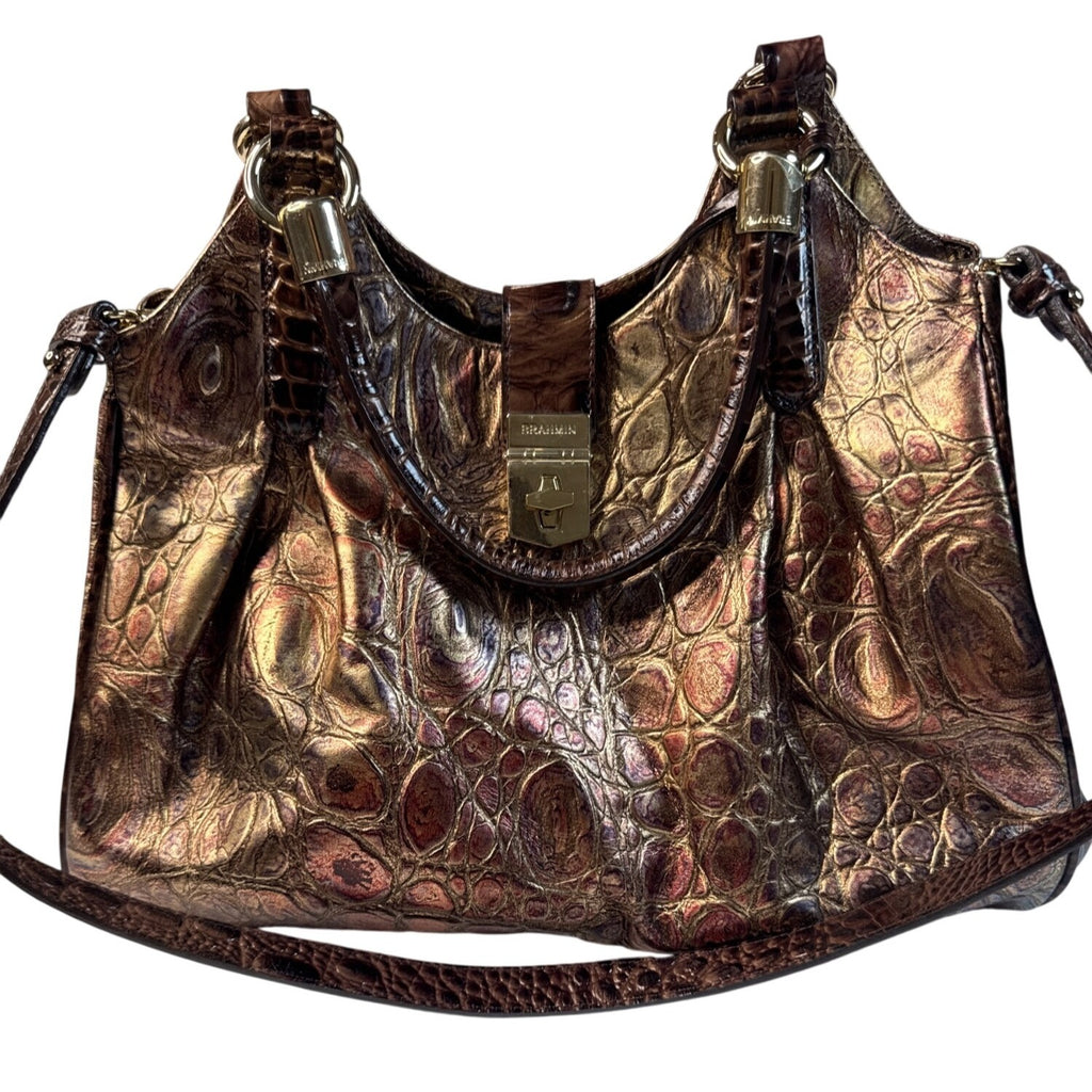 Brahmin Crocodile Embossed Metallic Leather Gold Hardware Shoulder Bag