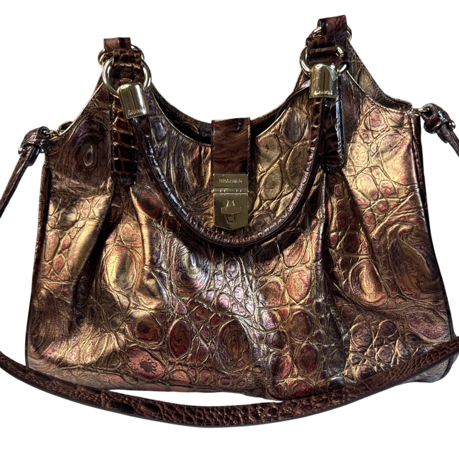 Brahmin Crocodile Embossed Metallic Leather Gold Hardware Shoulder Bag