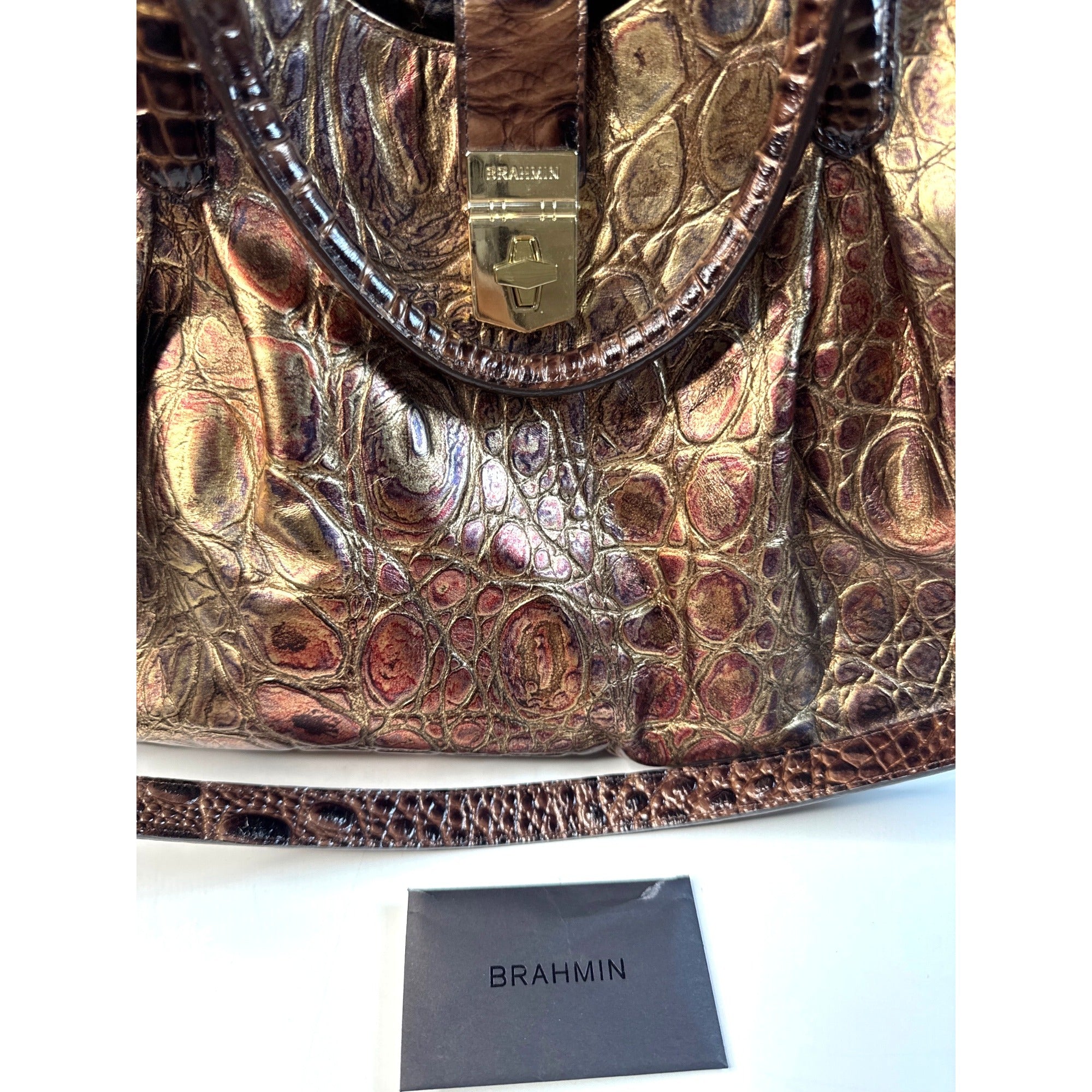 Brahmin Crocodile Embossed Metallic Leather Gold Hardware Shoulder Bag