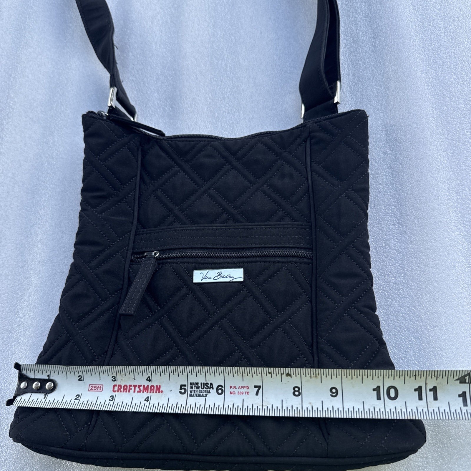 Vera Bradley Black Quilted Crossbody Bag With Adjustable Strap & Front Zip Pocket