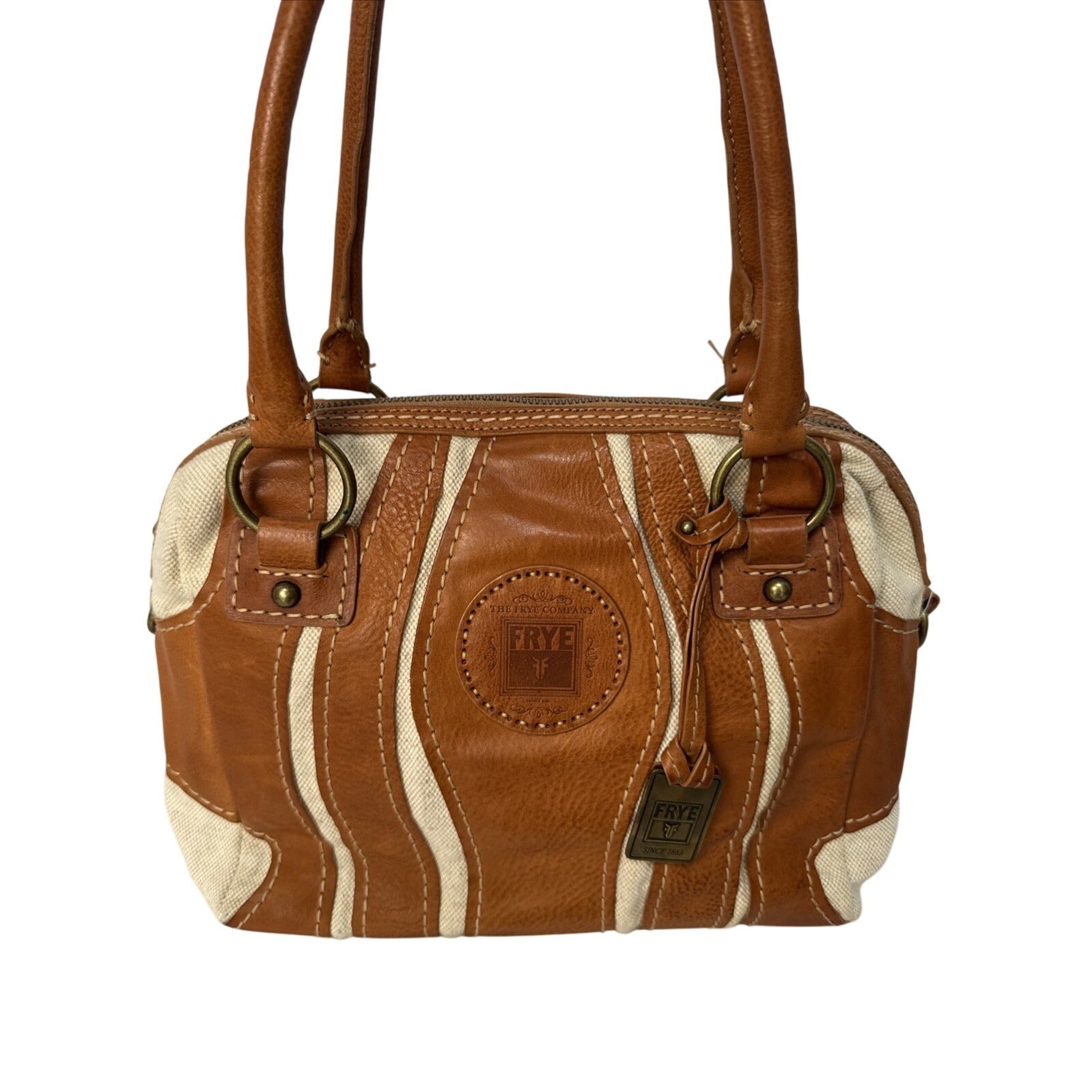 Frye Brown Leather & Canvas Small Satchel Shoulder Bag With Double Handles