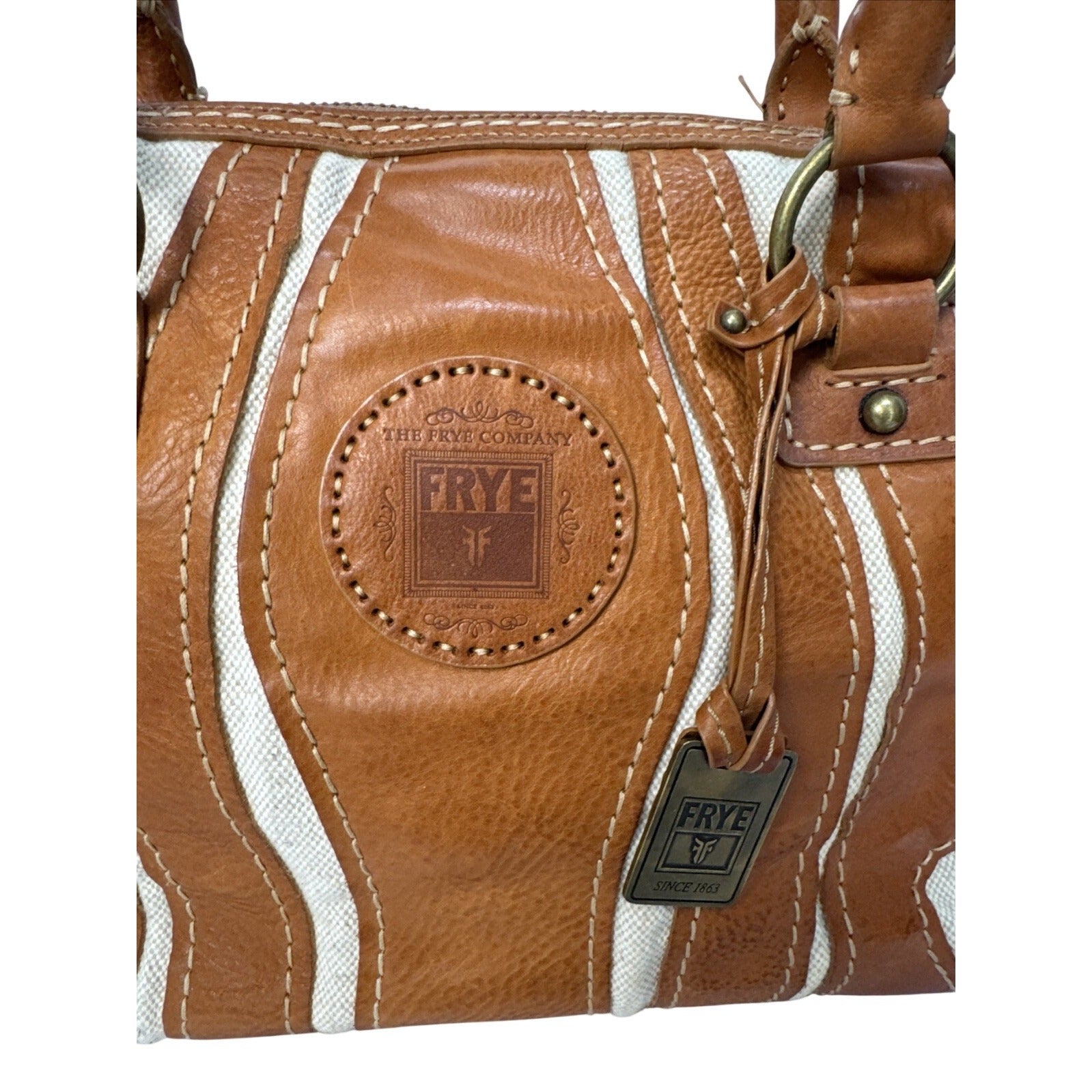 Frye Brown Leather & Canvas Small Satchel Shoulder Bag With Double Handles