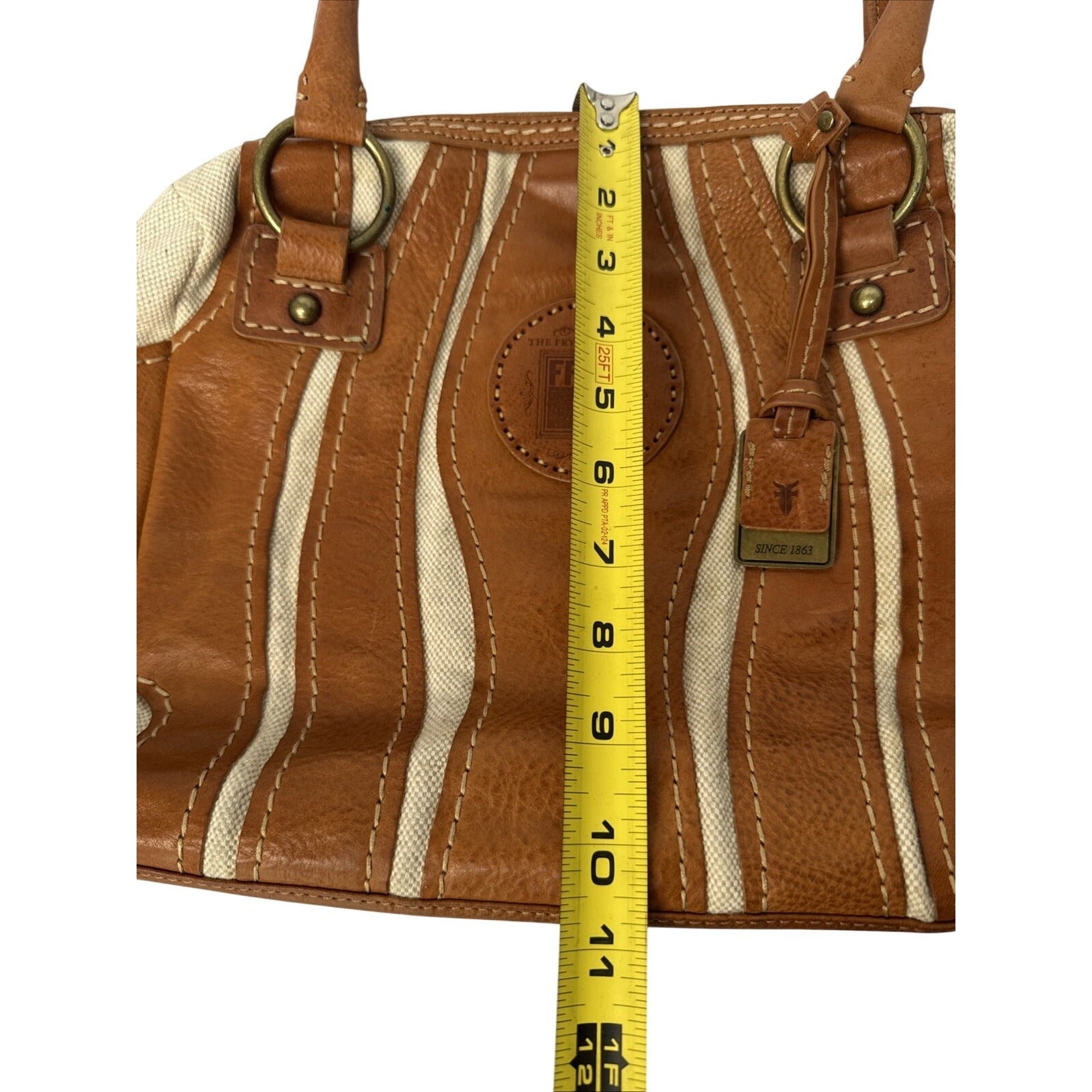 Frye Brown Leather & Canvas Small Satchel Shoulder Bag With Double Handles