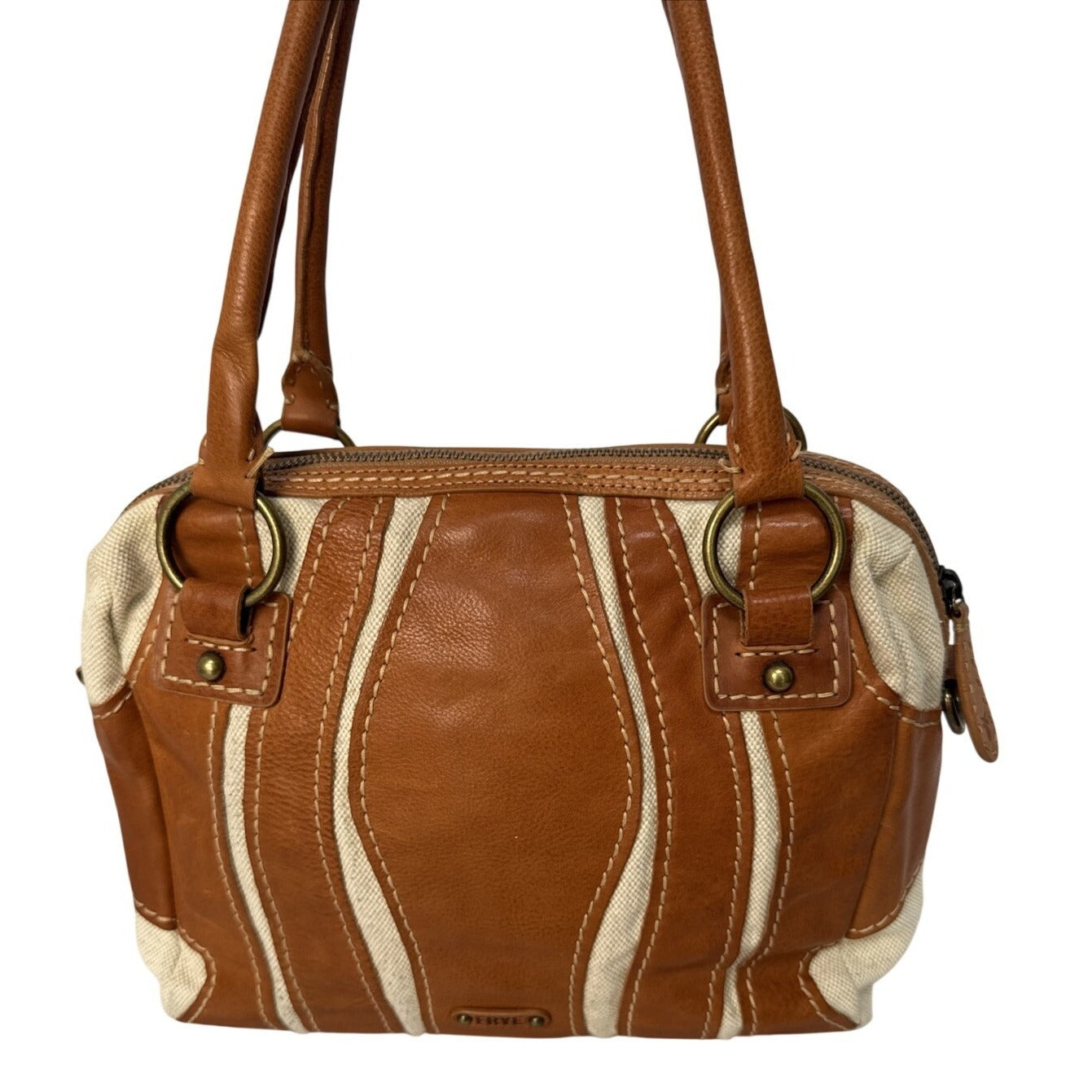 Frye Brown Leather & Canvas Small Satchel Shoulder Bag With Double Handles