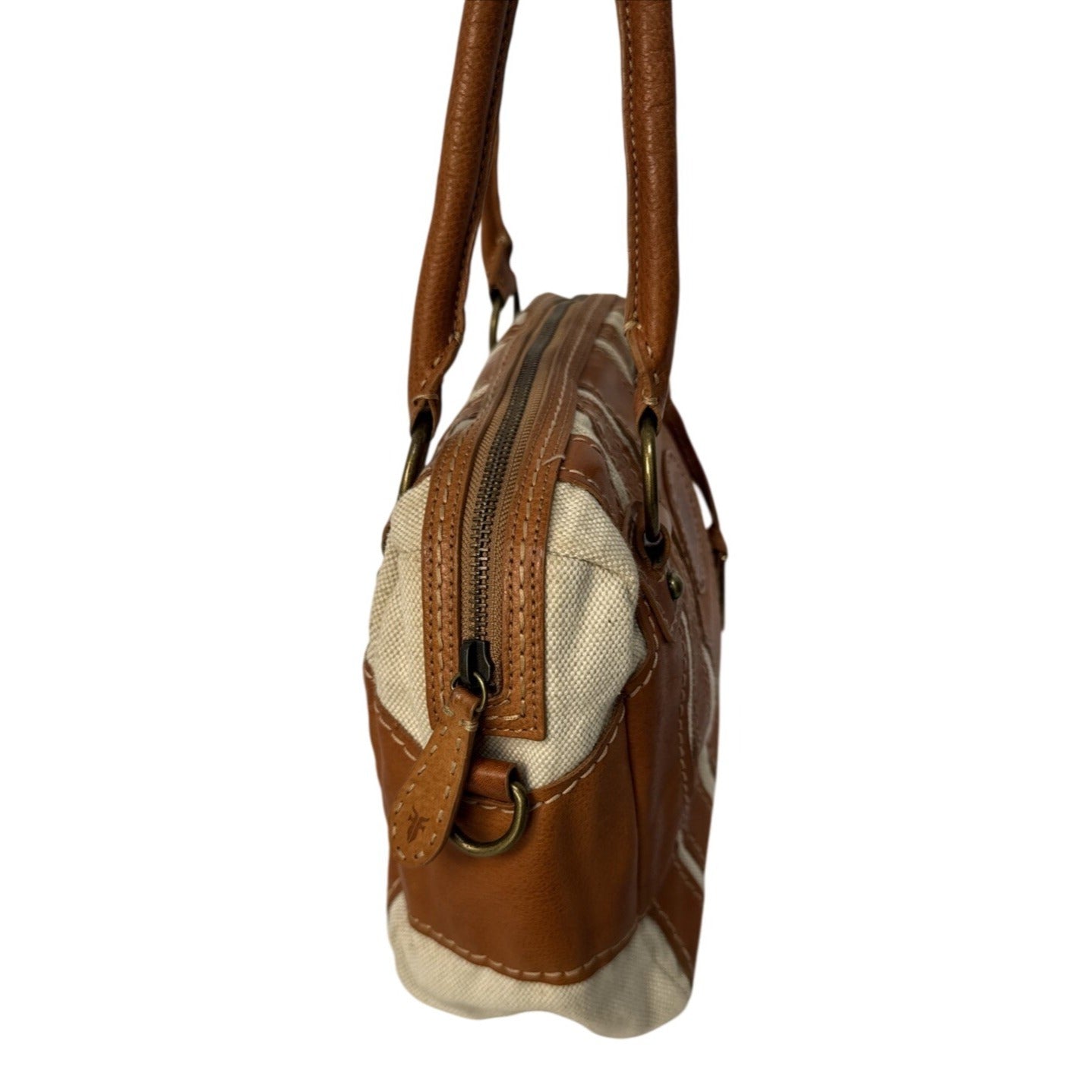 Frye Brown Leather & Canvas Small Satchel Shoulder Bag With Double Handles
