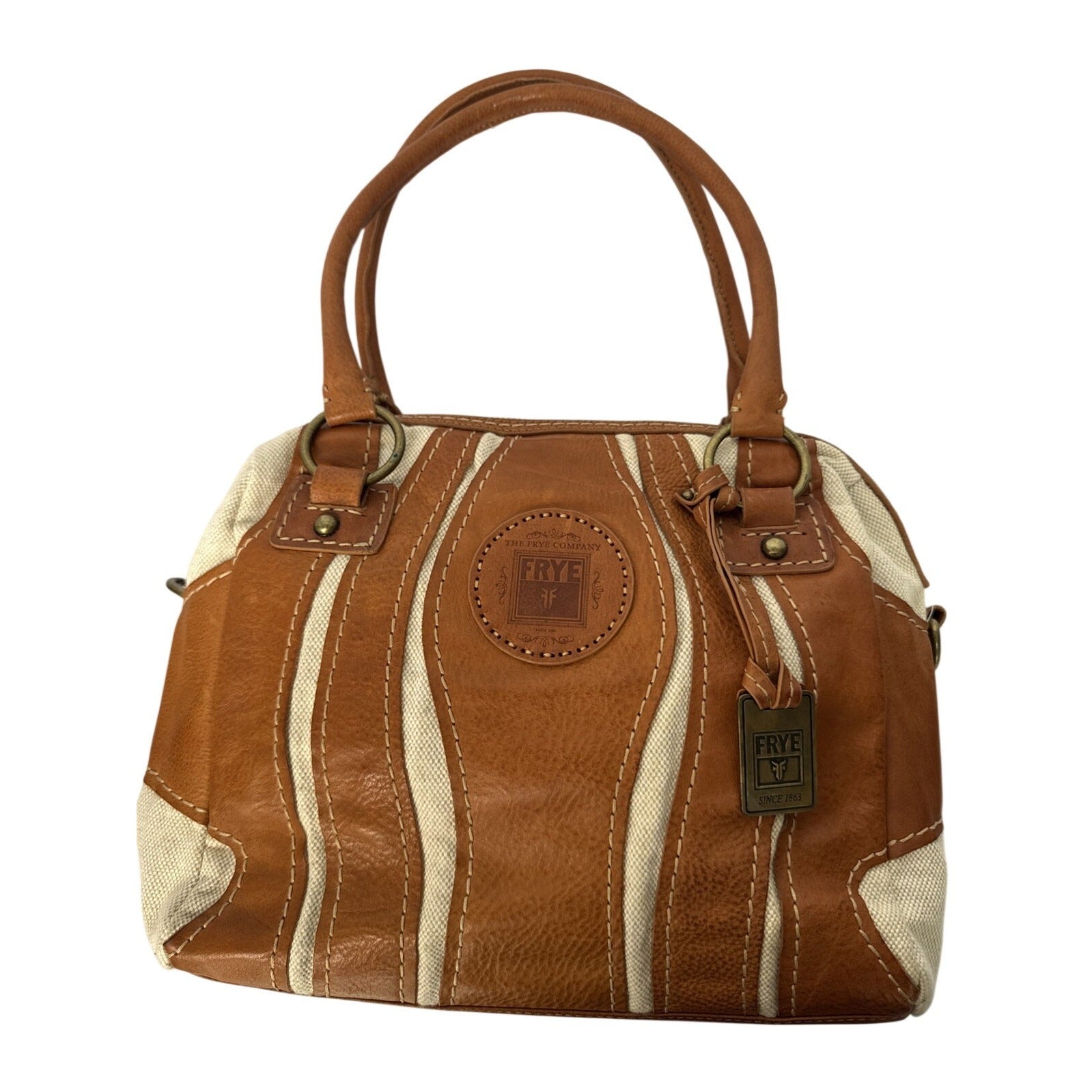 Frye Brown Leather & Canvas Small Satchel Shoulder Bag With Double Handles