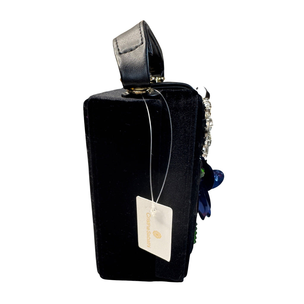 Cristina Sabatini Embellished Black Velvet Handbag W/Floral Appliques/Gem Accents