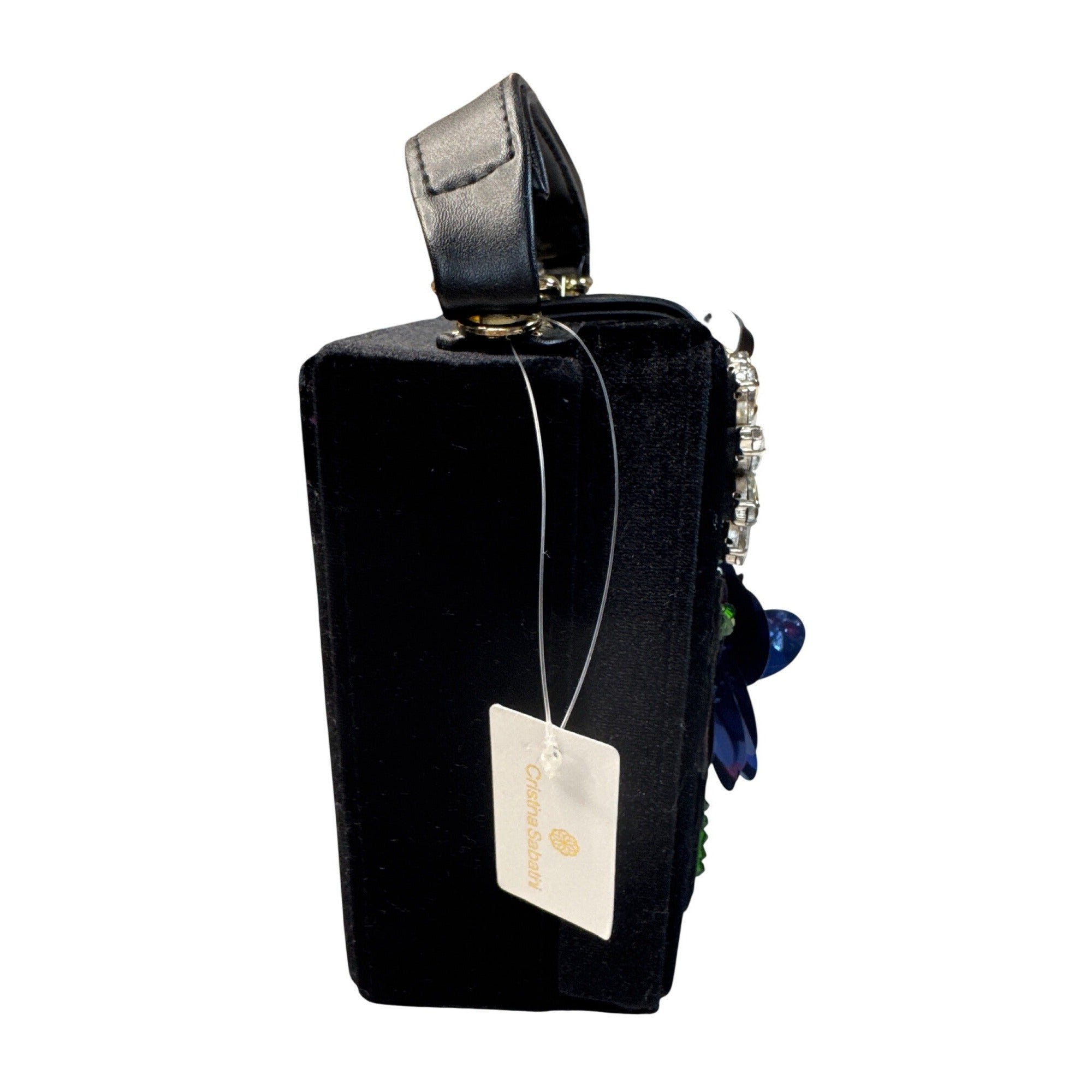 Cristina Sabatini Embellished Black Velvet Handbag W/Floral Appliques/Gem Accents