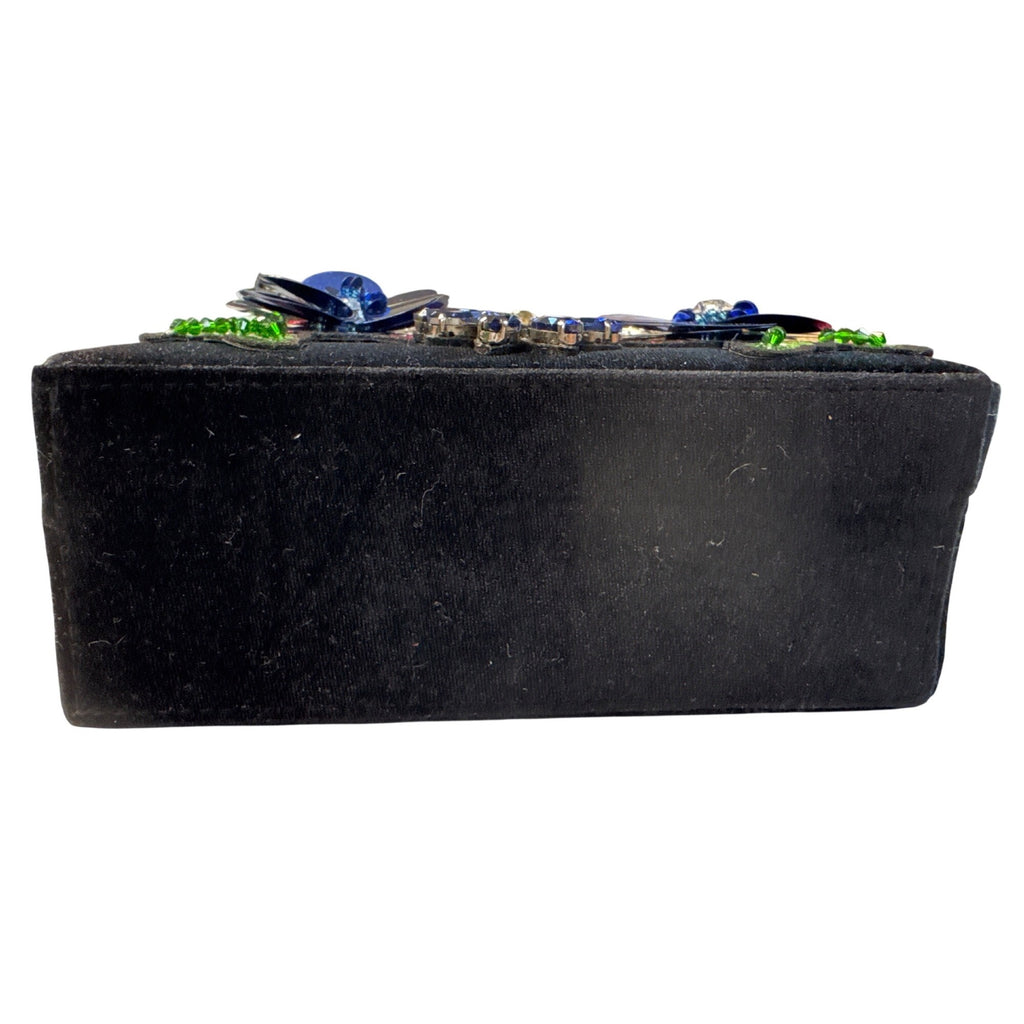 Cristina Sabatini Embellished Black Velvet Handbag W/Floral Appliques/Gem Accents