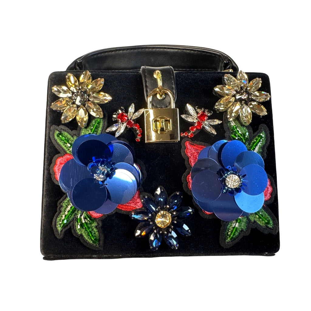 Cristina Sabatini Embellished Black Velvet Handbag W/Floral Appliques/Gem Accents