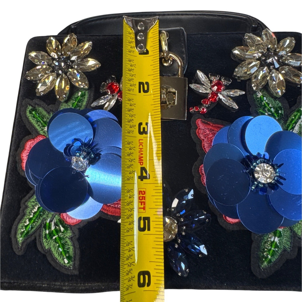 Cristina Sabatini Embellished Black Velvet Handbag W/Floral Appliques/Gem Accents