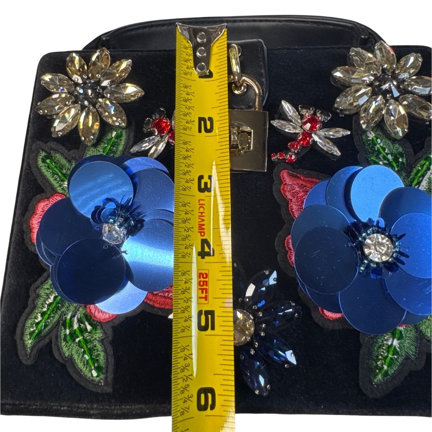 Cristina Sabatini Embellished Black Velvet Handbag W/Floral Appliques/Gem Accents