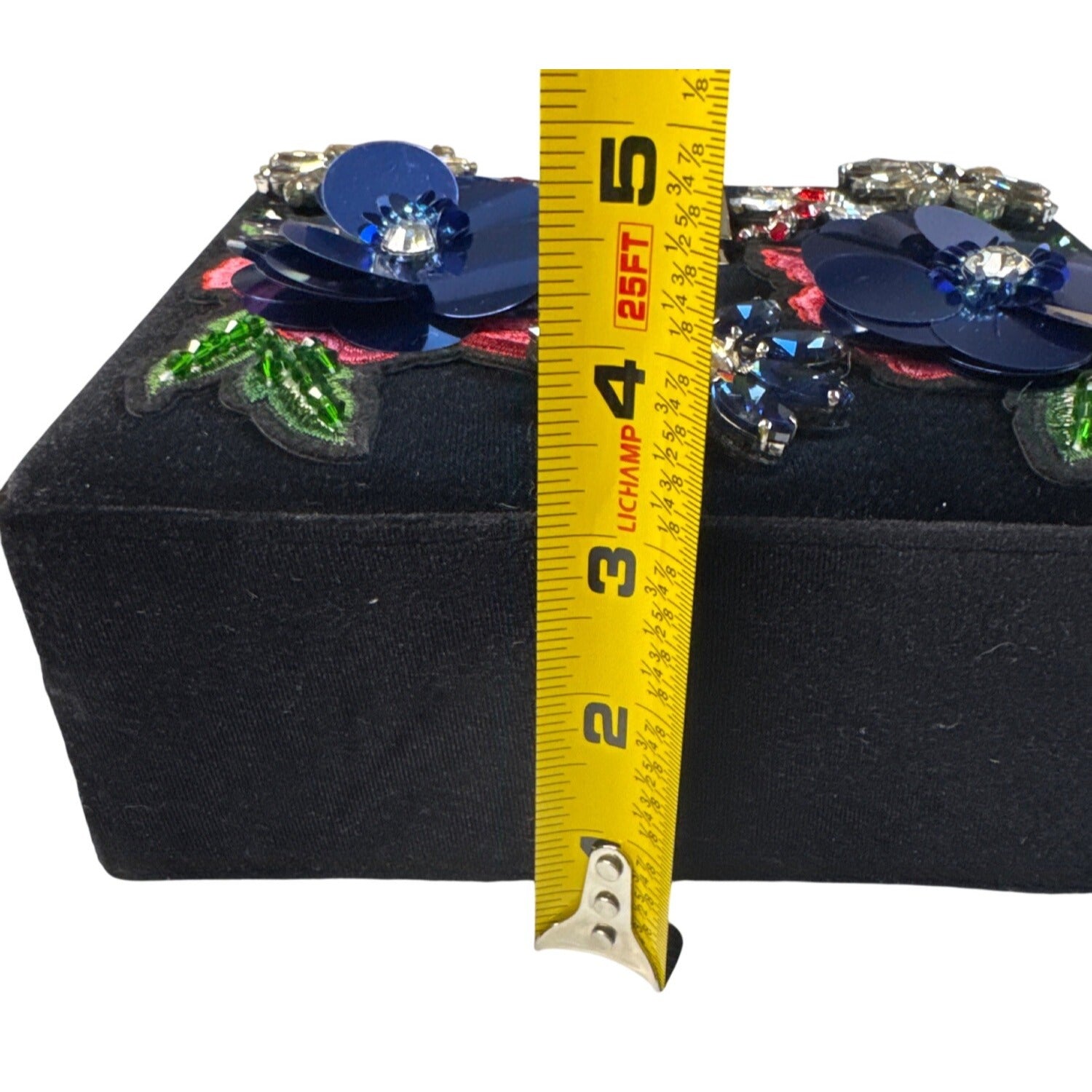 Cristina Sabatini Embellished Black Velvet Handbag W/Floral Appliques/Gem Accents