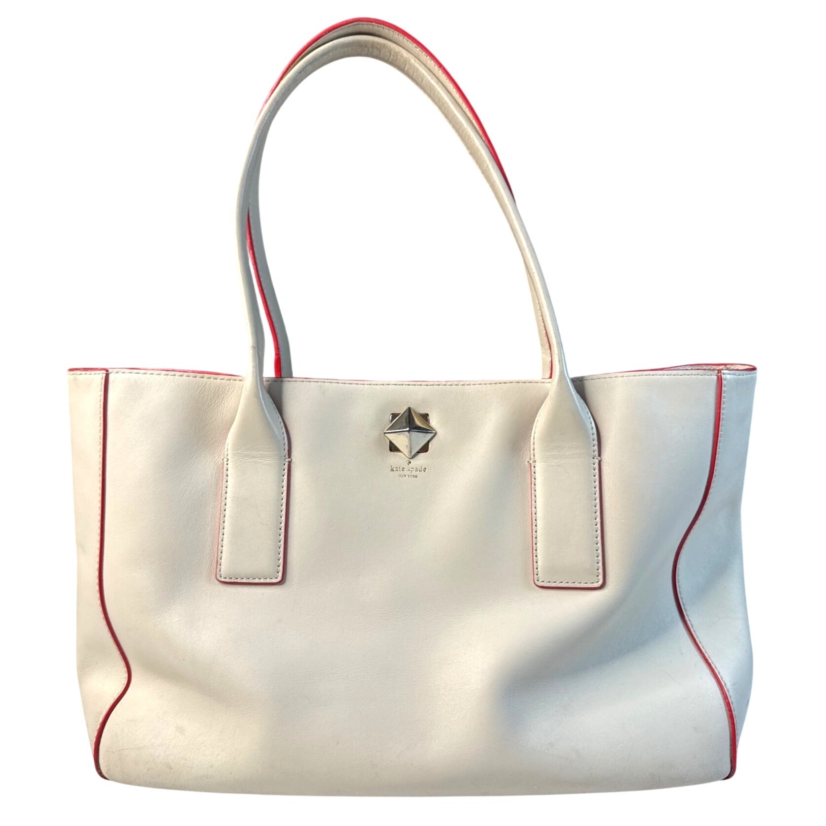 Kate Spade White Leather Tote With Red Trim & Stud Accent