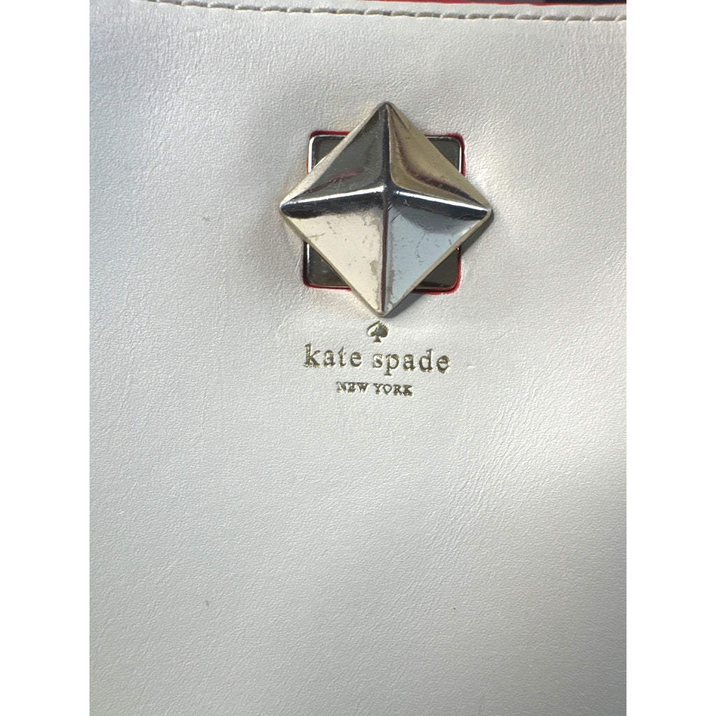 Kate Spade White Leather Tote With Red Trim & Stud Accent