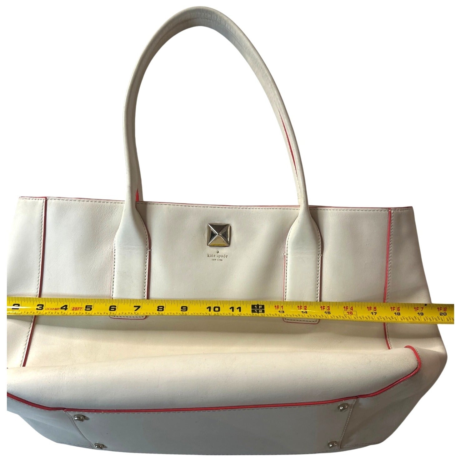 Kate Spade White Leather Tote With Red Trim & Stud Accent