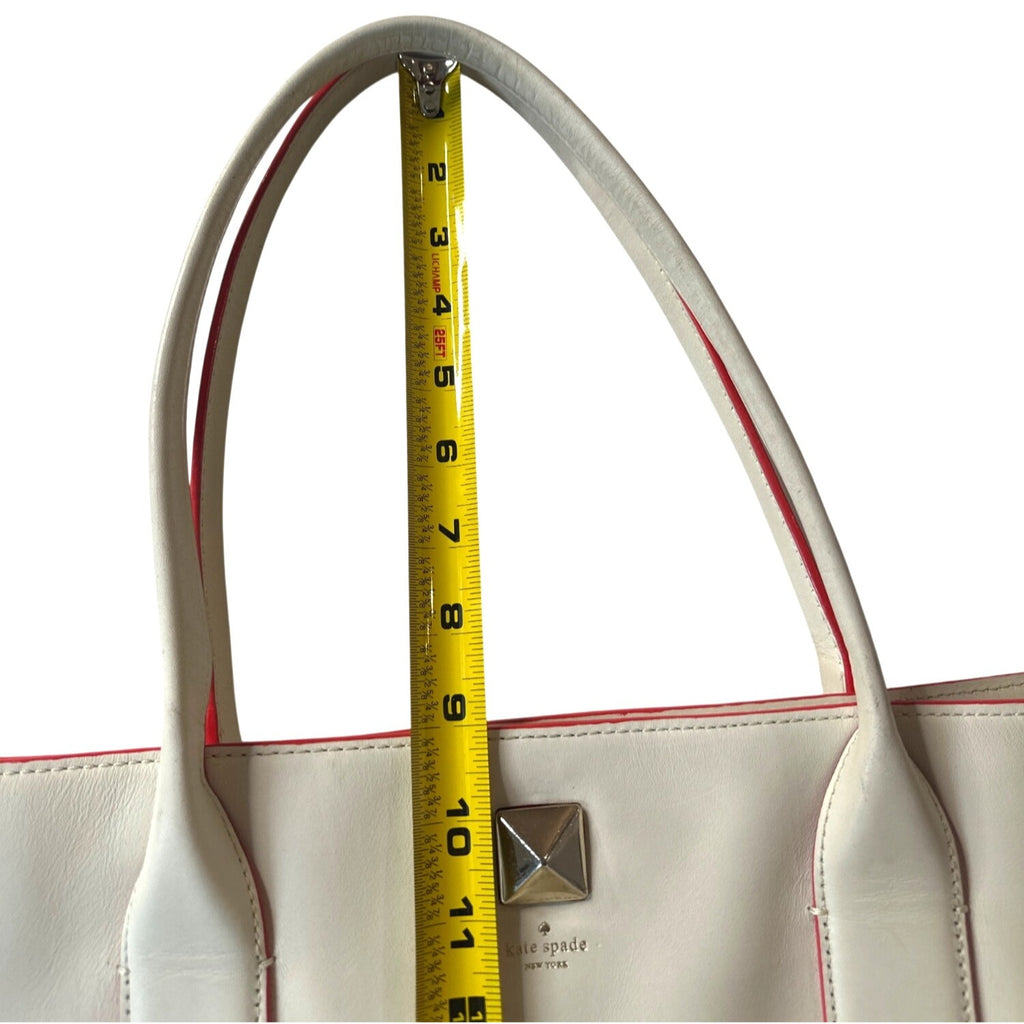 Kate Spade White Leather Tote With Red Trim & Stud Accent
