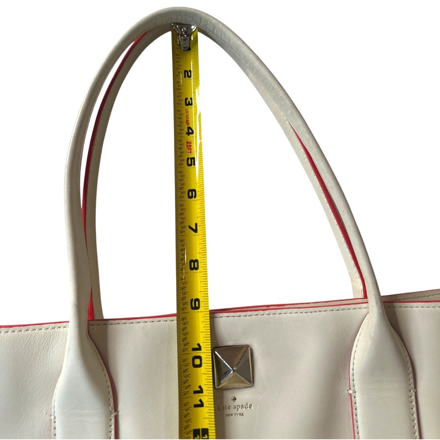 Kate Spade White Leather Tote With Red Trim & Stud Accent