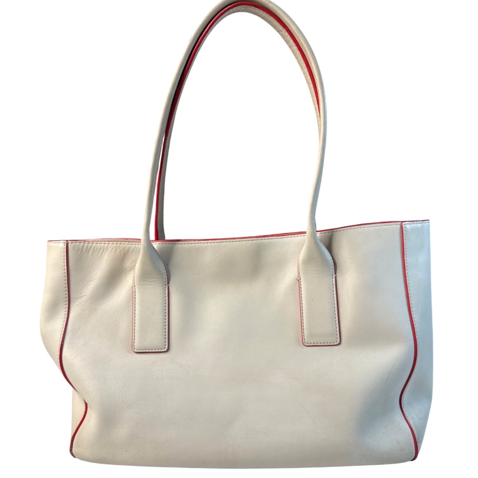 Kate Spade White Leather Tote With Red Trim & Stud Accent