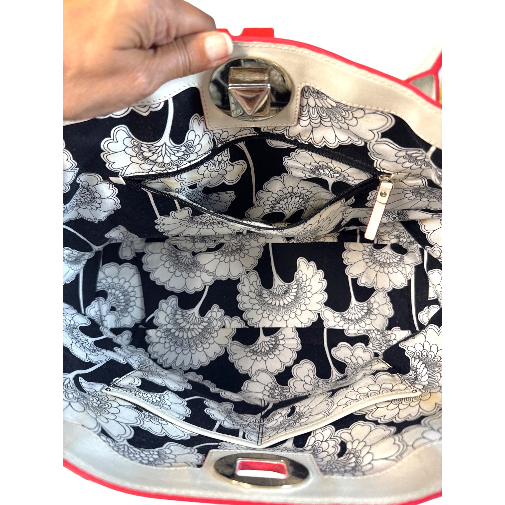 Kate Spade White Leather Tote With Red Trim & Stud Accent