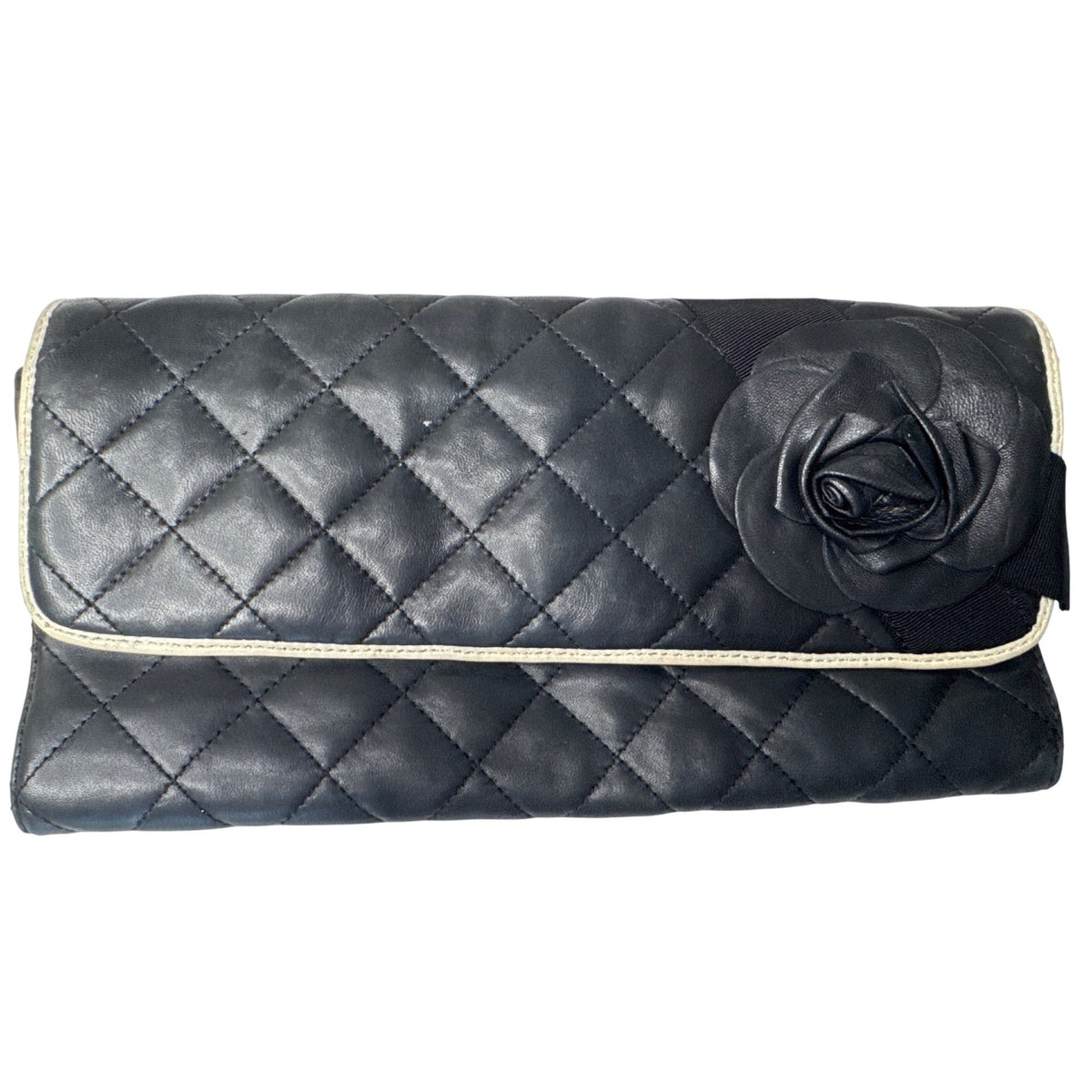 DKNY Black Quilted Leather Clutch Purse With Rose Detail & Missing Chain Shoulder Bag Or Handheld Style