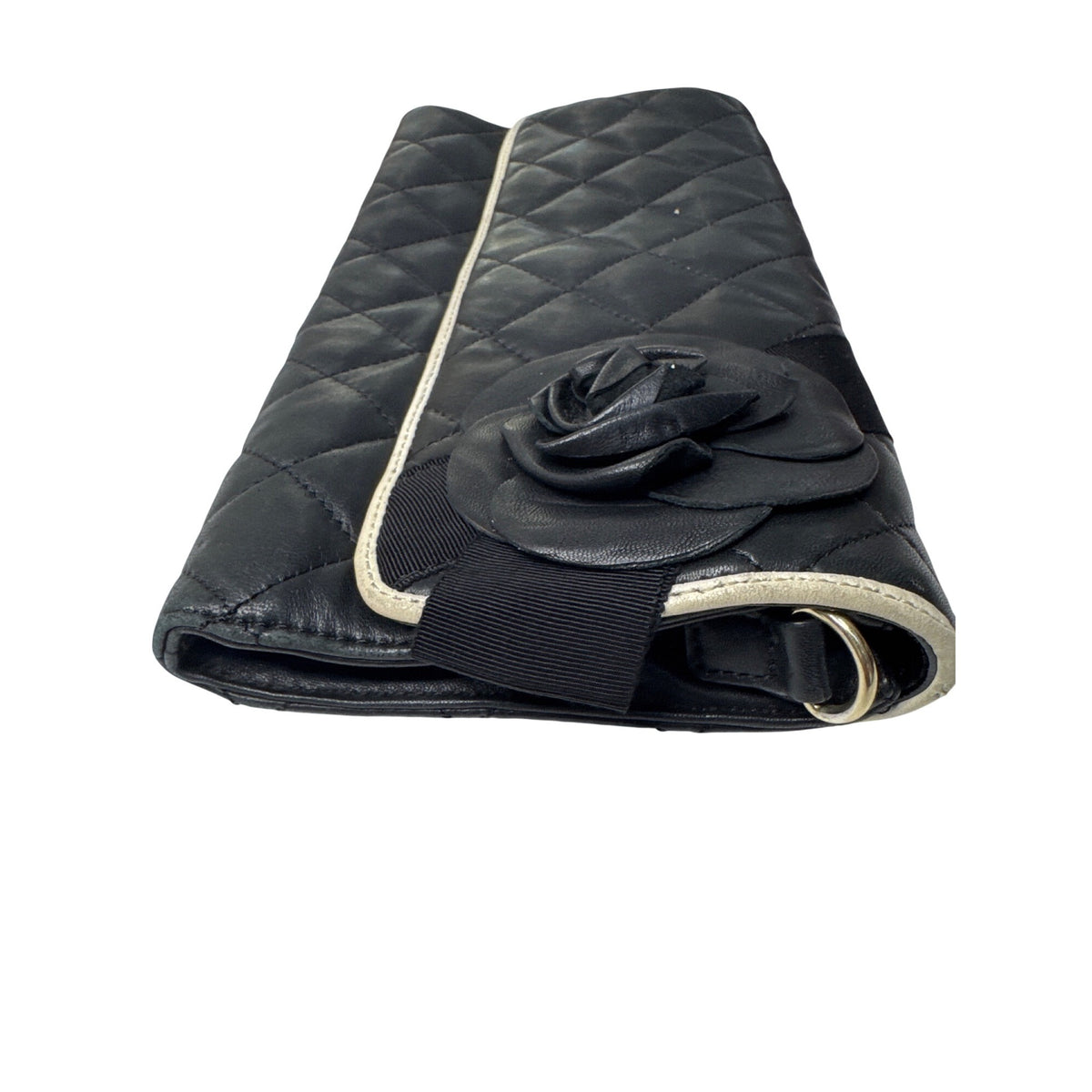 DKNY Black Quilted Leather Clutch Purse With Rose Detail & Missing Chain Shoulder Bag Or Handheld Style