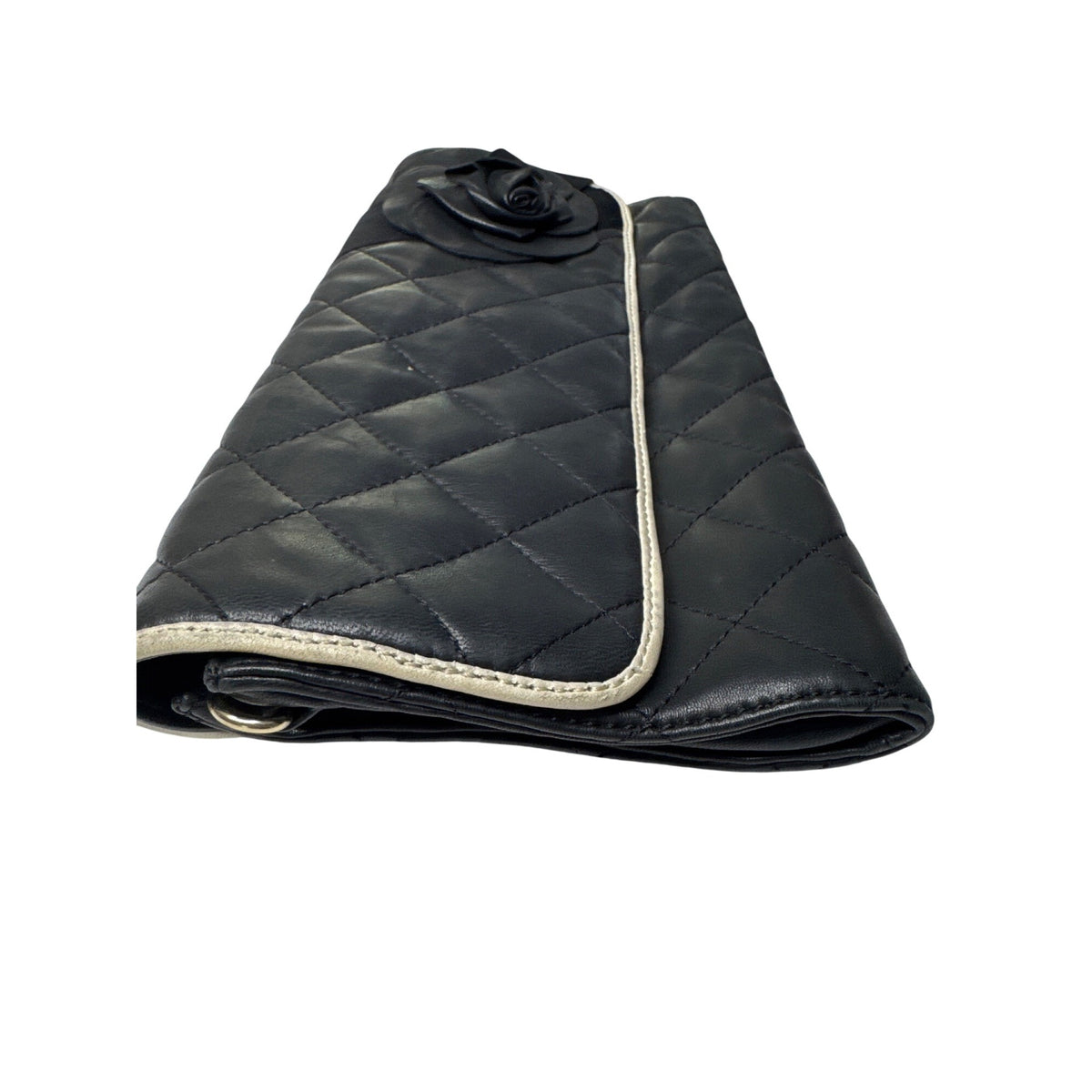 DKNY Black Quilted Leather Clutch Purse With Rose Detail & Missing Chain Shoulder Bag Or Handheld Style