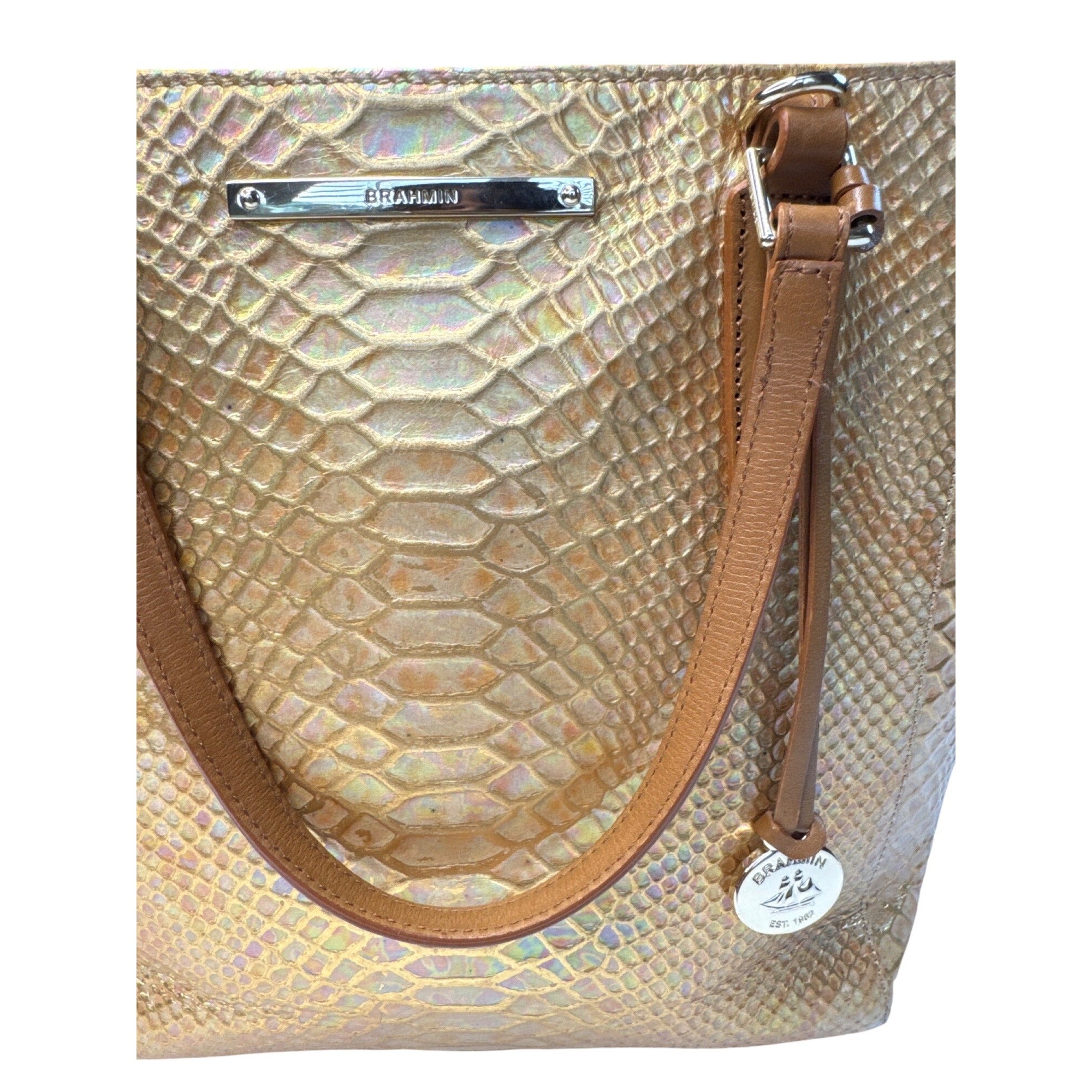 Brahmin Gold Snake Embossed Leather Tote Bag With Tan Straps & Multiple Pockets