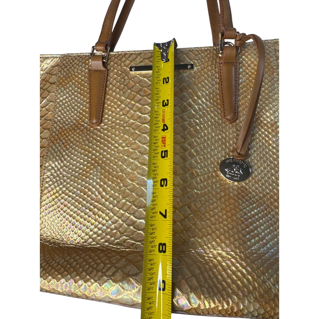 Brahmin Gold Snake Embossed Leather Tote Bag With Tan Straps & Multiple Pockets