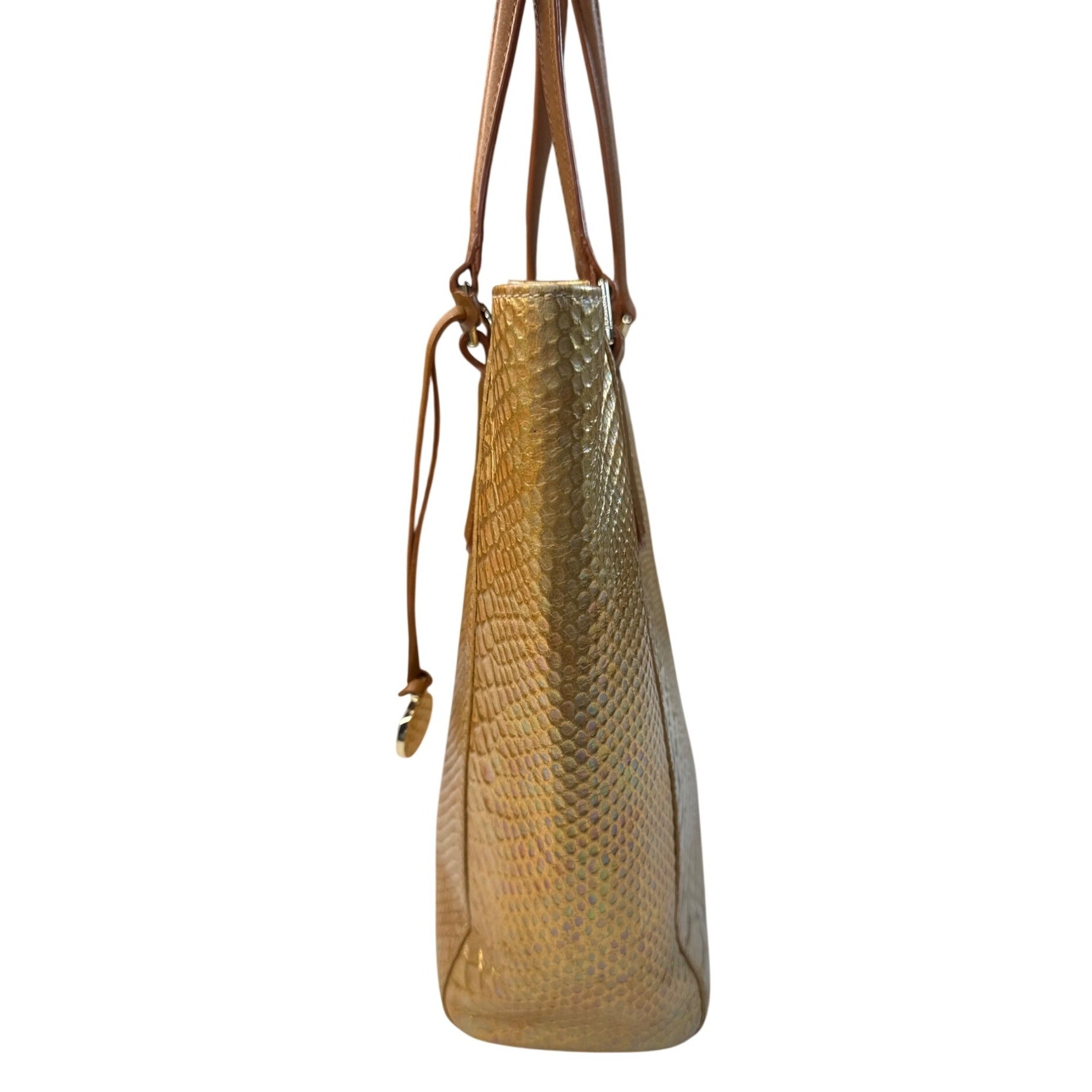 Brahmin Gold Snake Embossed Leather Tote Bag With Tan Straps & Multiple Pockets