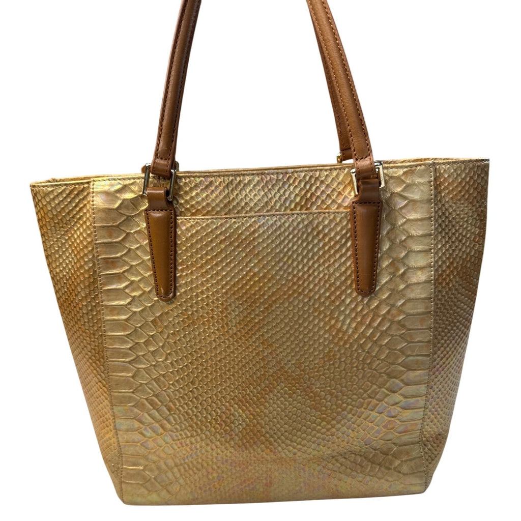 Brahmin Gold Snake Embossed Leather Tote Bag With Tan Straps & Multiple Pockets