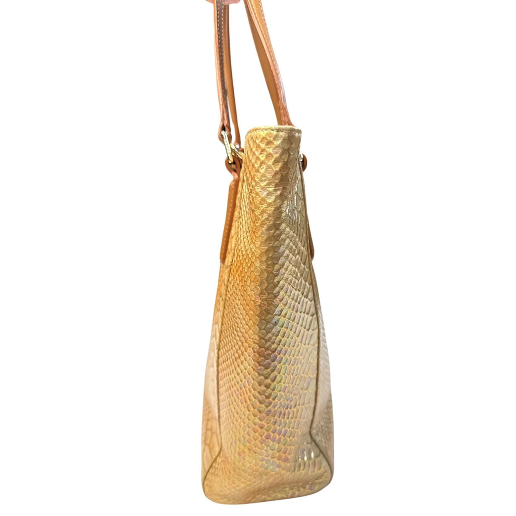 Brahmin Gold Snake Embossed Leather Tote Bag With Tan Straps & Multiple Pockets