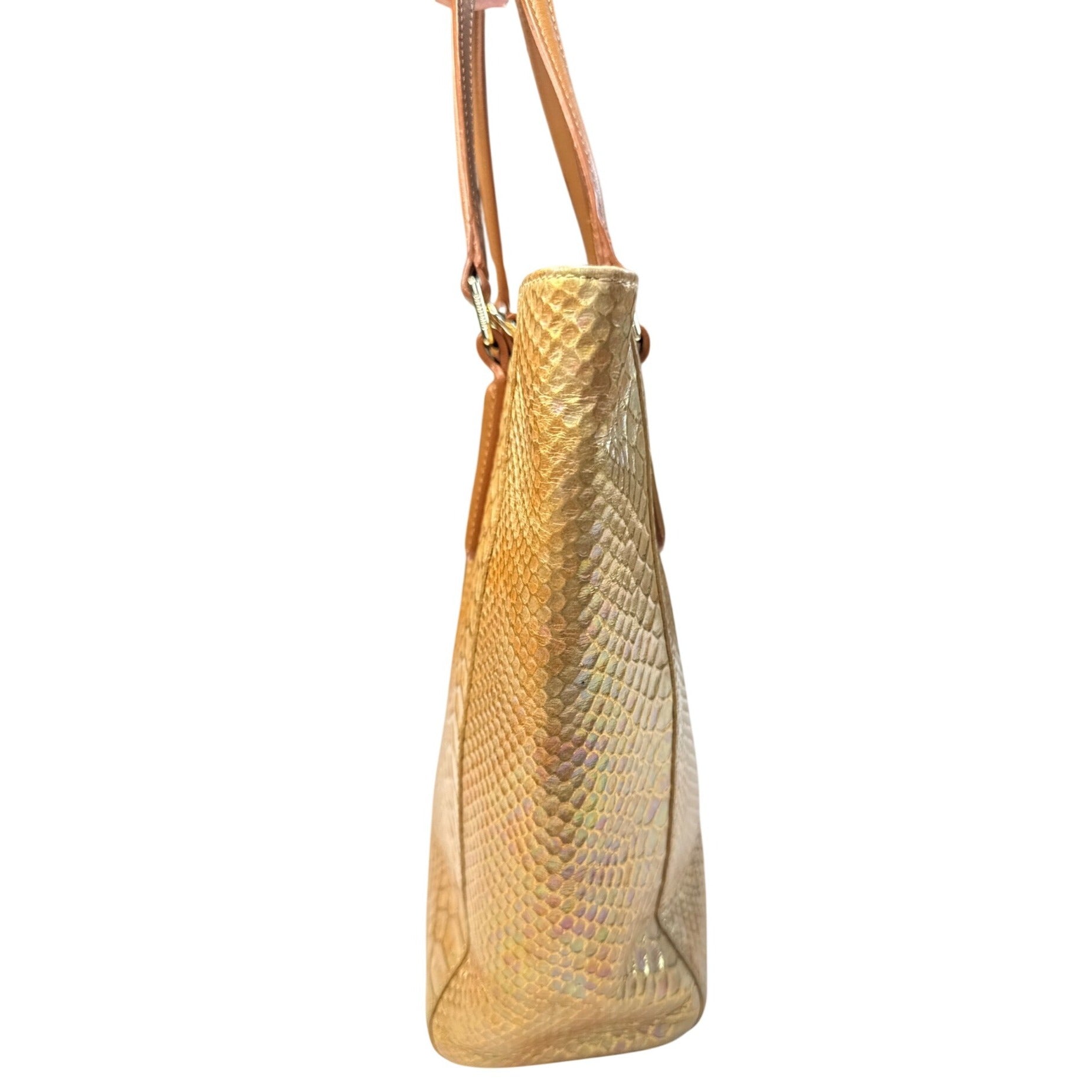 Brahmin Gold Snake Embossed Leather Tote Bag With Tan Straps & Multiple Pockets