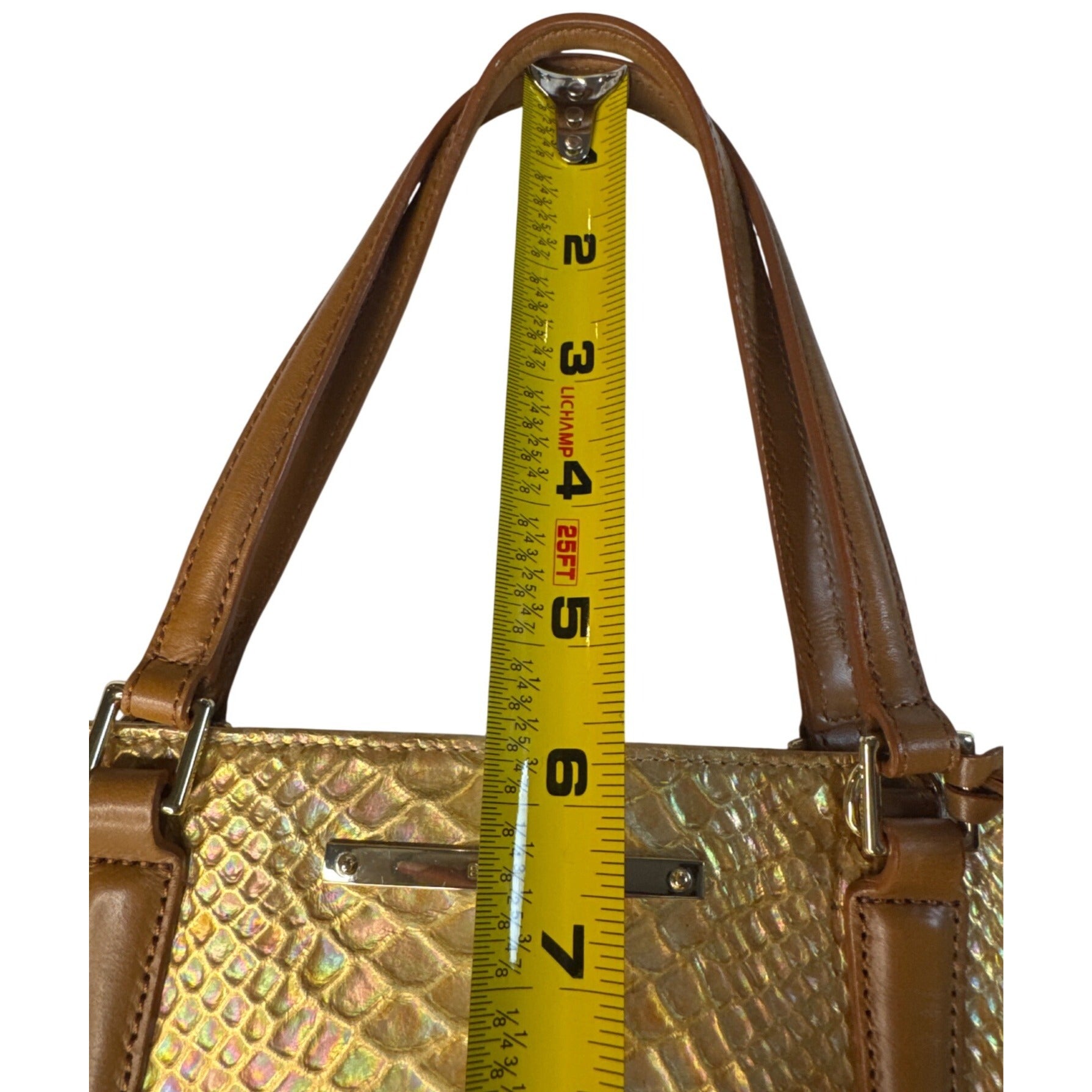 Brahmin Gold Snake Embossed Leather Tote Bag With Tan Straps & Multiple Pockets