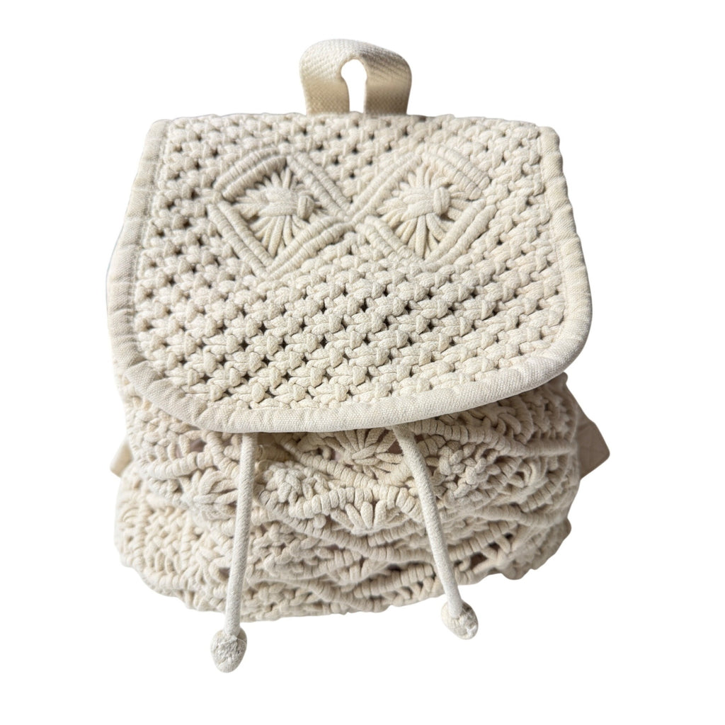 Handmade Macrame Backpack W/Adjustable Straps Canvas Back & Drawstring Closure
