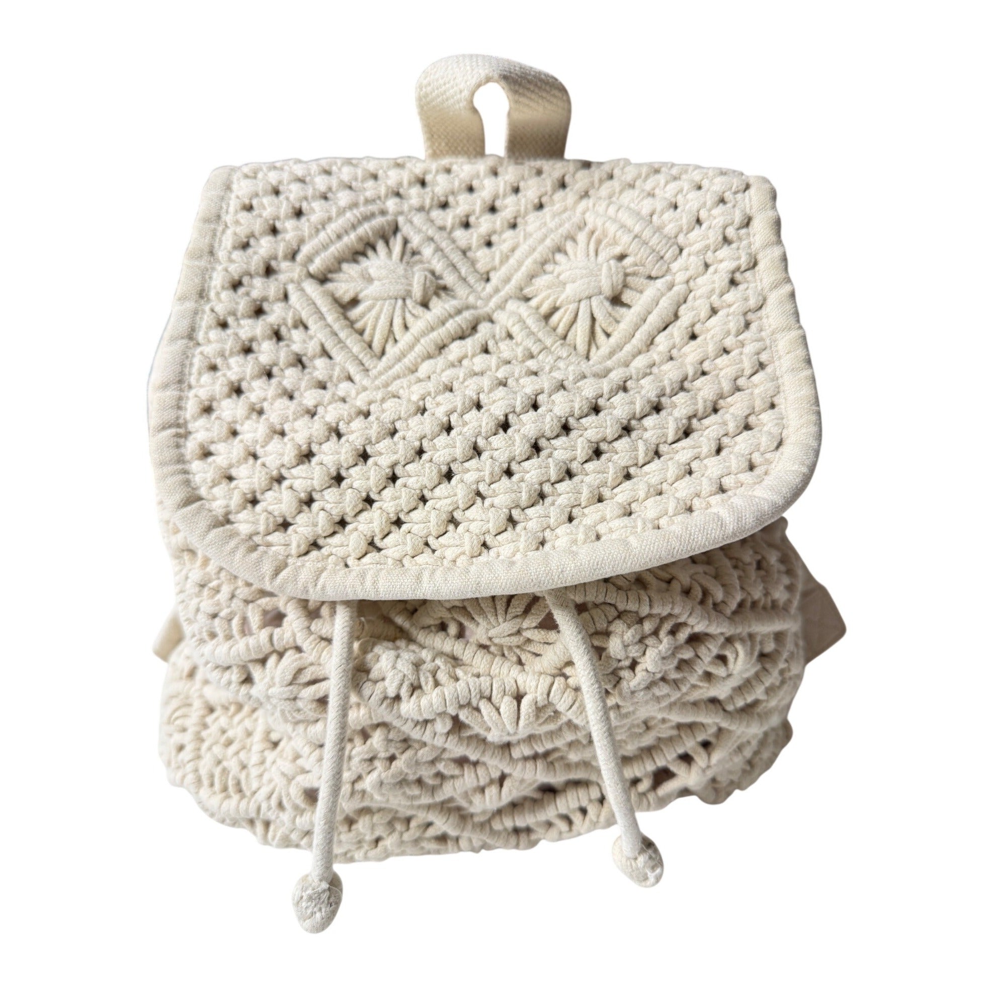 Handmade Macrame Backpack W/Adjustable Straps Canvas Back & Drawstring Closure