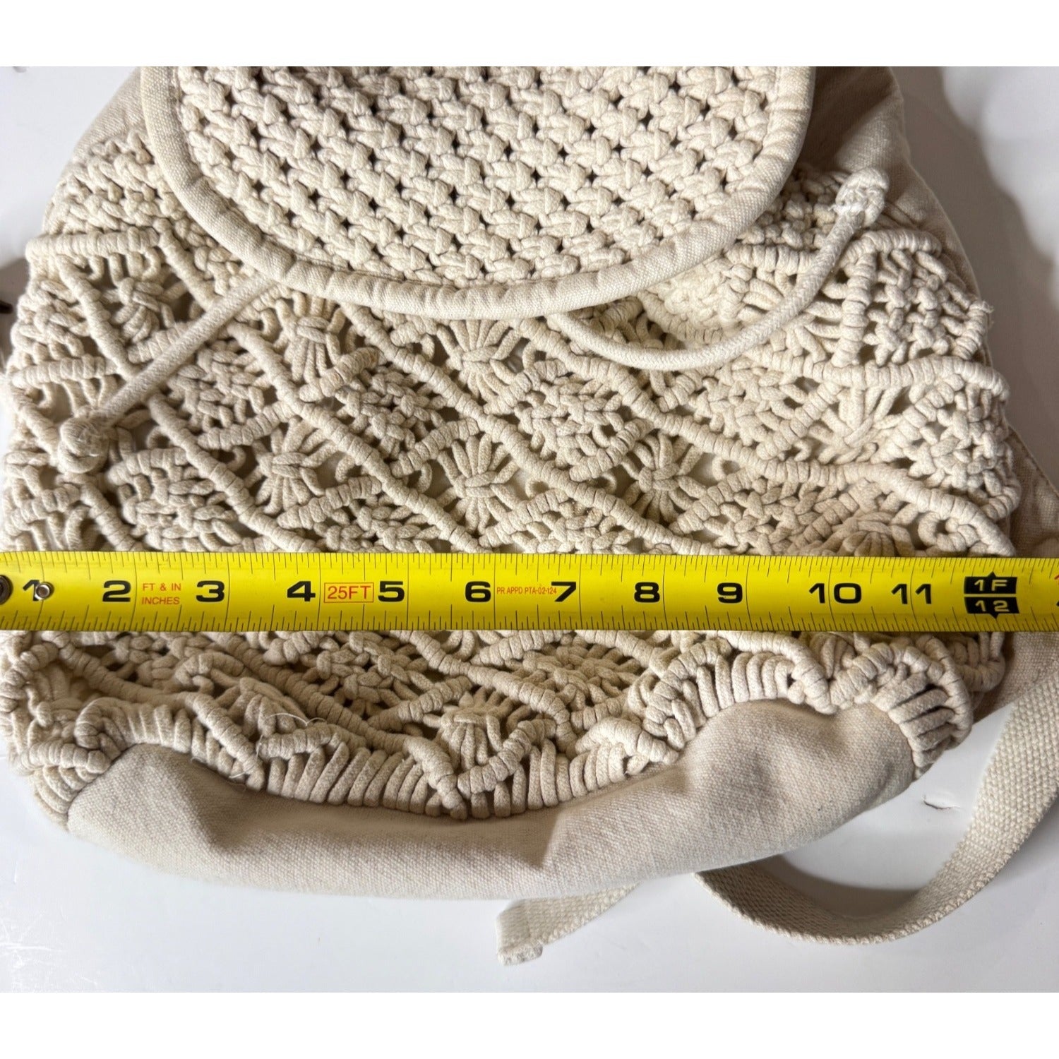 Handmade Macrame Backpack W/Adjustable Straps Canvas Back & Drawstring Closure