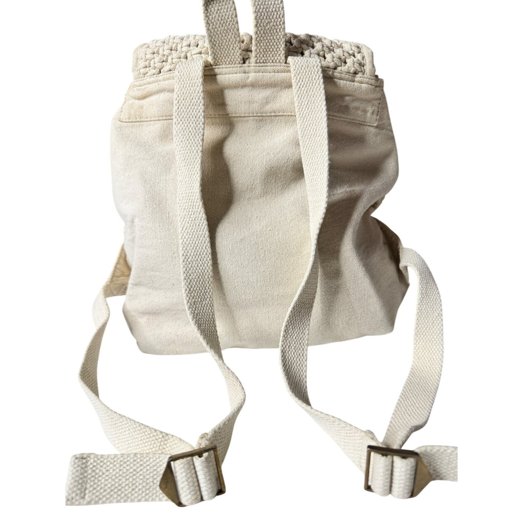 Handmade Macrame Backpack W/Adjustable Straps Canvas Back & Drawstring Closure