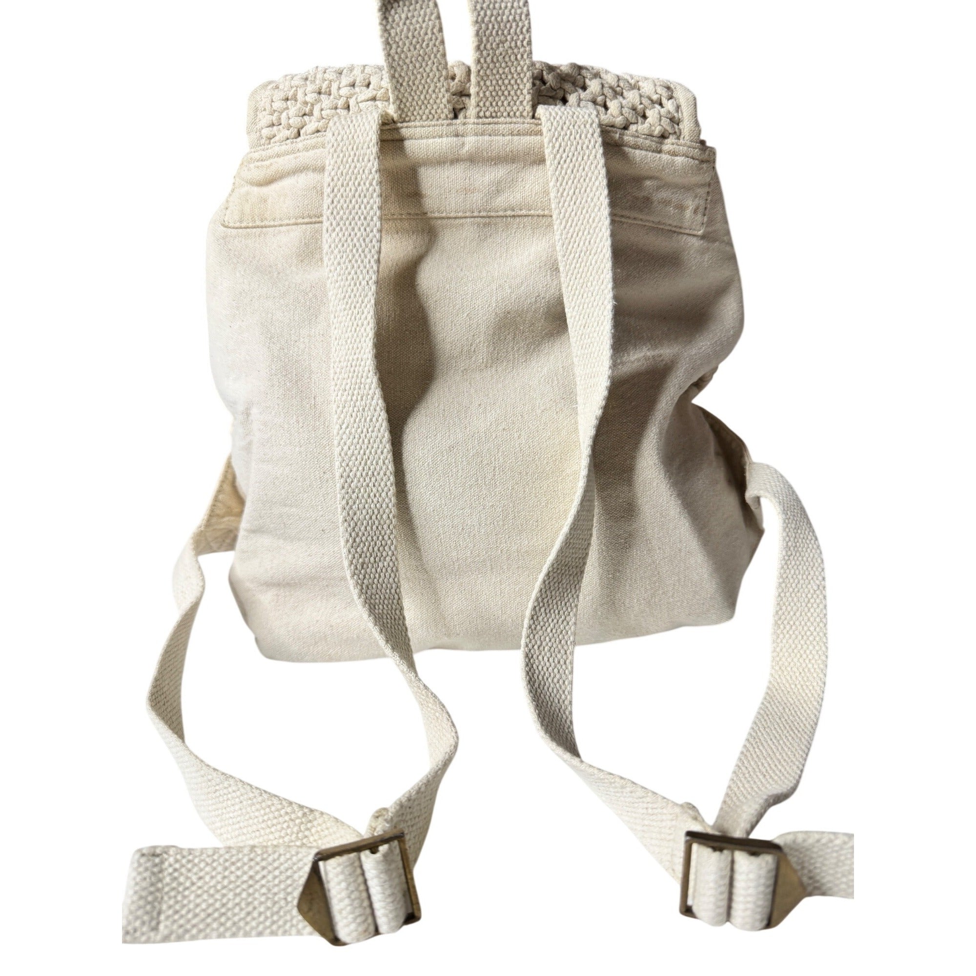 Handmade Macrame Backpack W/Adjustable Straps Canvas Back & Drawstring Closure
