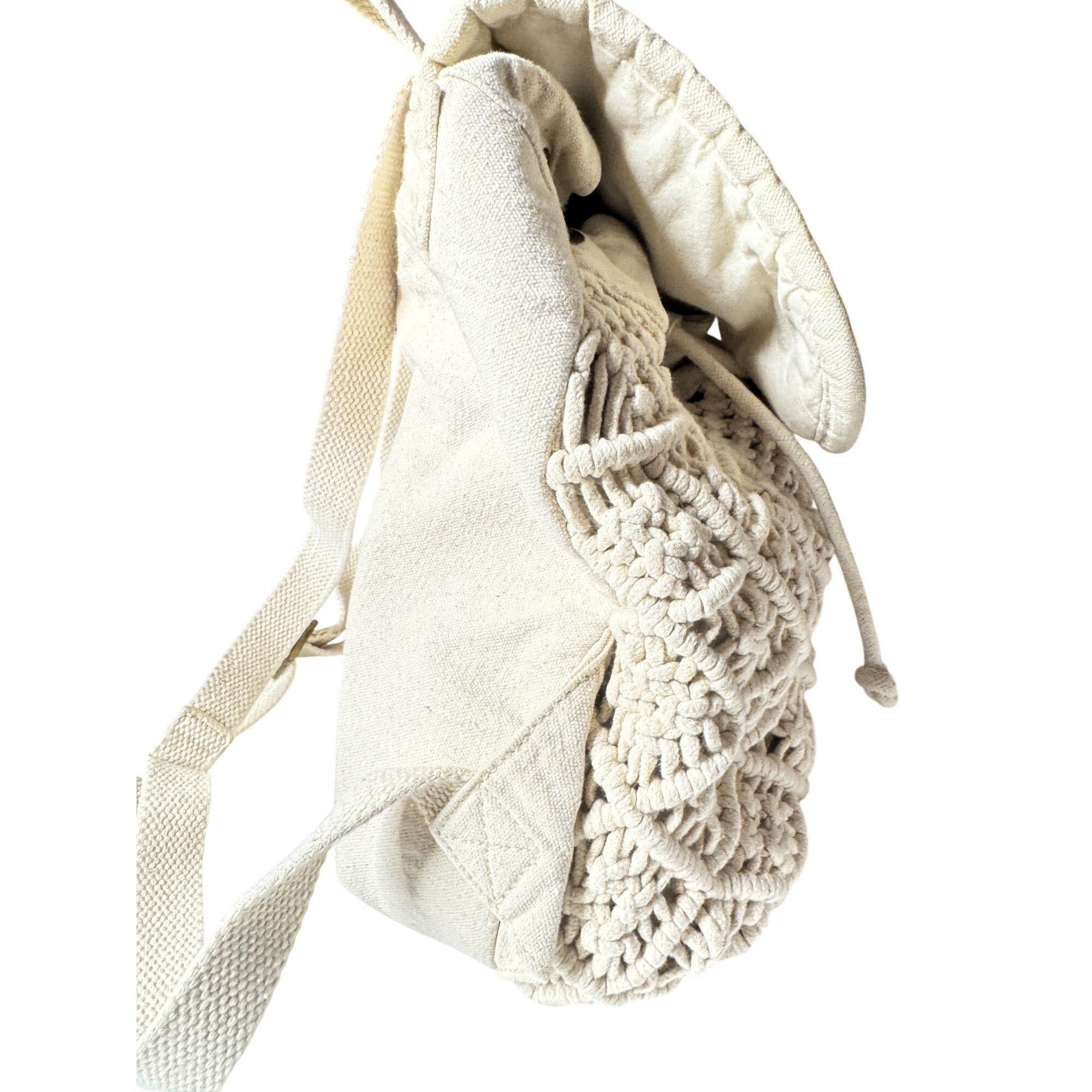 Handmade Macrame Backpack W/Adjustable Straps Canvas Back & Drawstring Closure