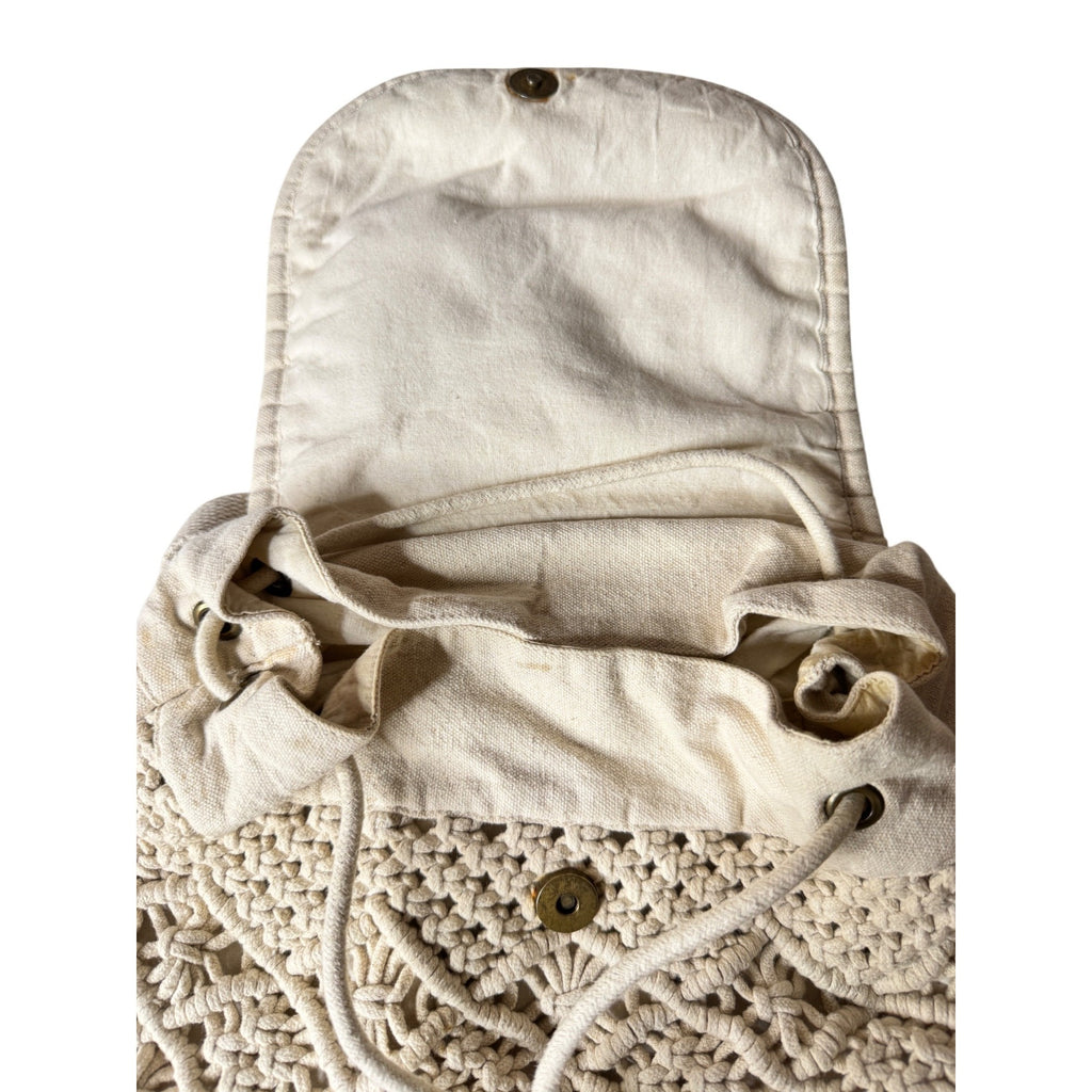 Handmade Macrame Backpack W/Adjustable Straps Canvas Back & Drawstring Closure