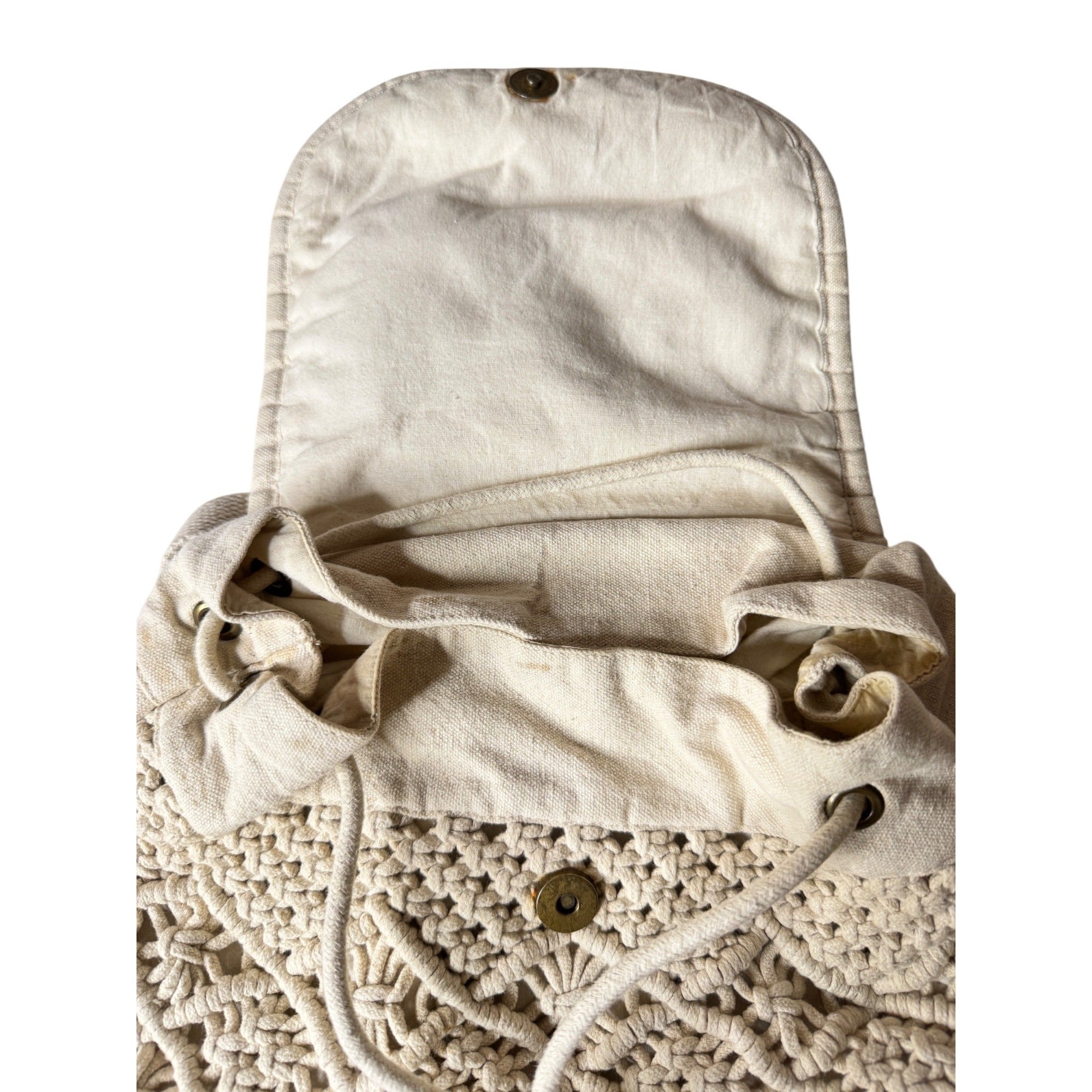Handmade Macrame Backpack W/Adjustable Straps Canvas Back & Drawstring Closure