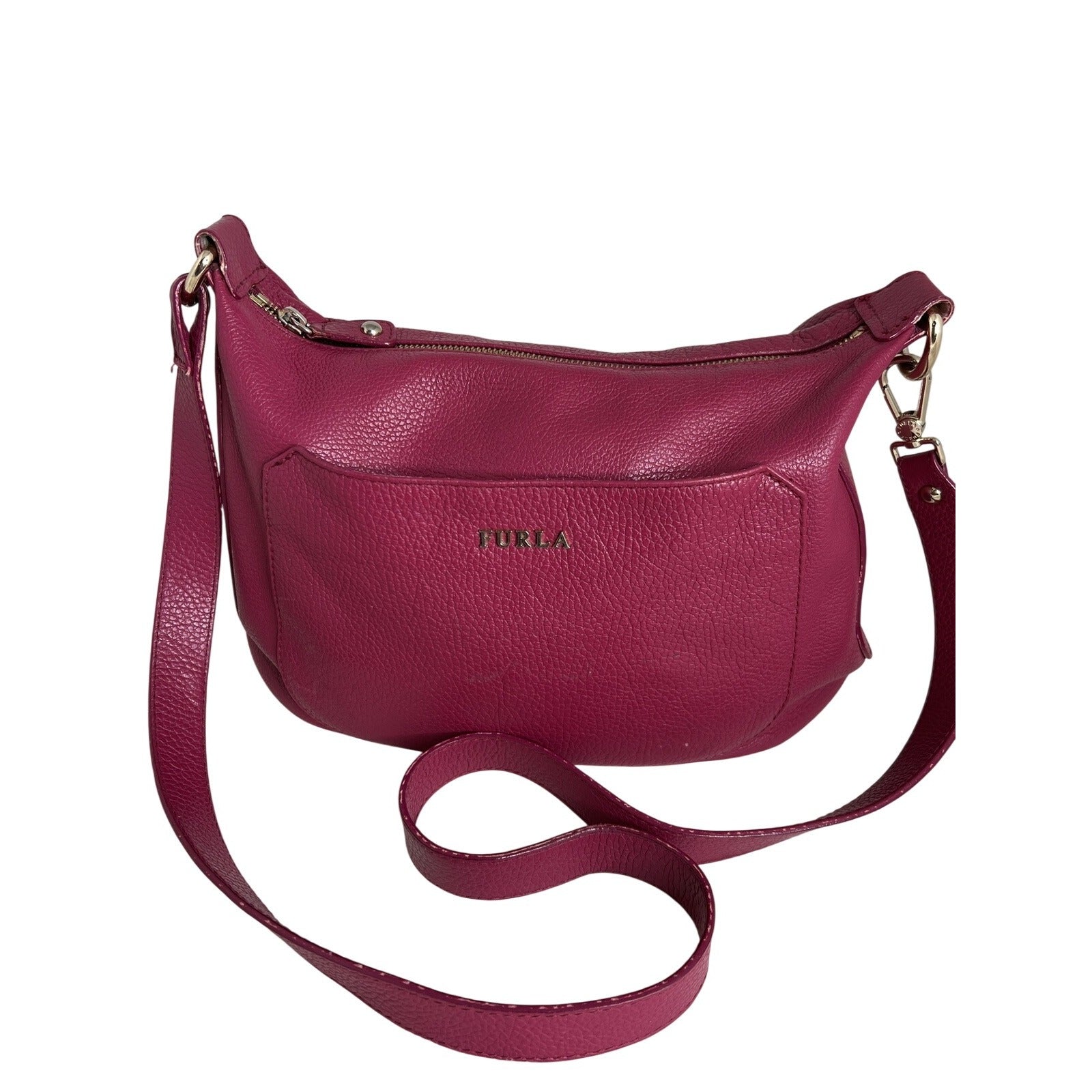 Furla Magenta Pebbled Leather Shoulder Bag