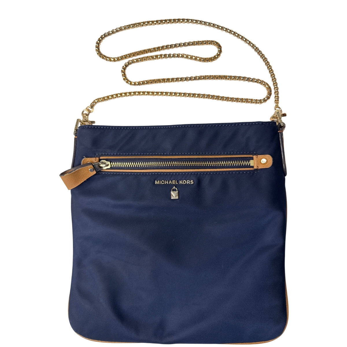 Michael Kors Navy Crossbody Bag With Gold Chain Strap & Tan Accents