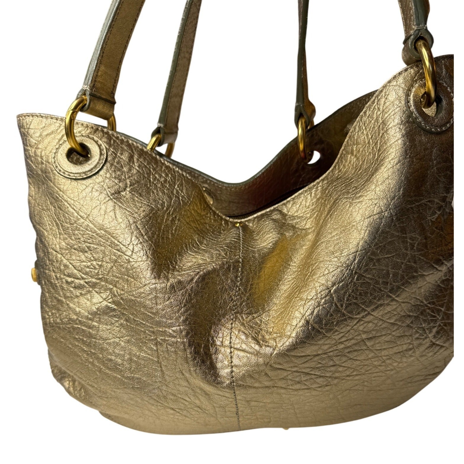 Loyd Maish Metallic Gold Leather Tote Bag With Dual Handles & Geometric Lining