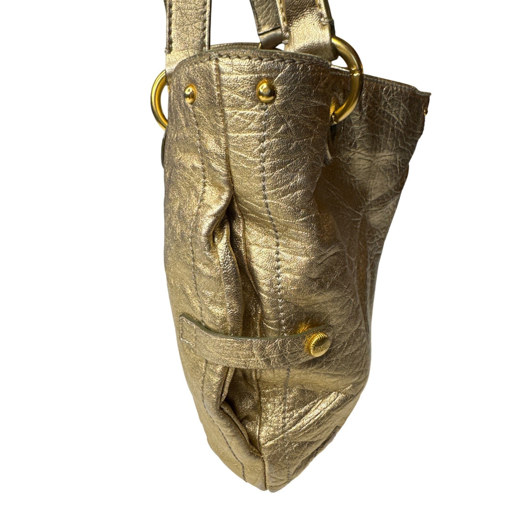 Loyd Maish Metallic Gold Leather Tote Bag With Dual Handles & Geometric Lining
